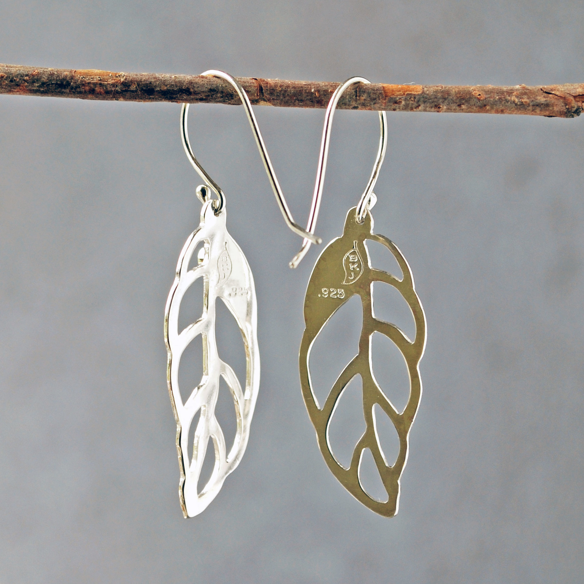 Silver Leaf Earrings with Peridot hanging back