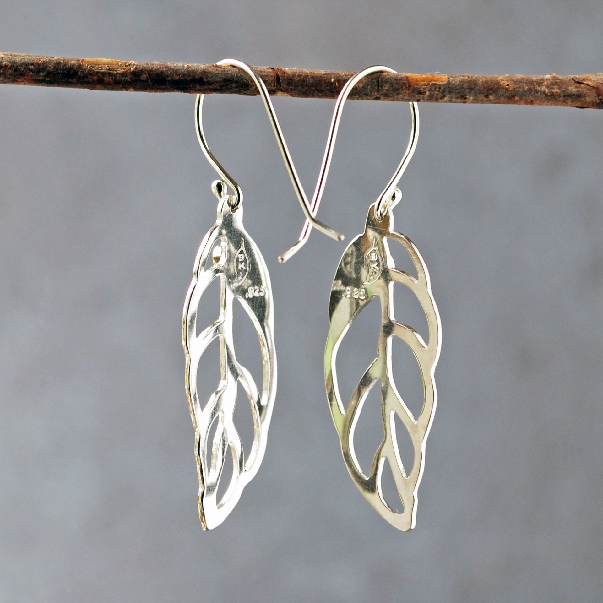 Silver Leaf Earrings with Peridot hanging back