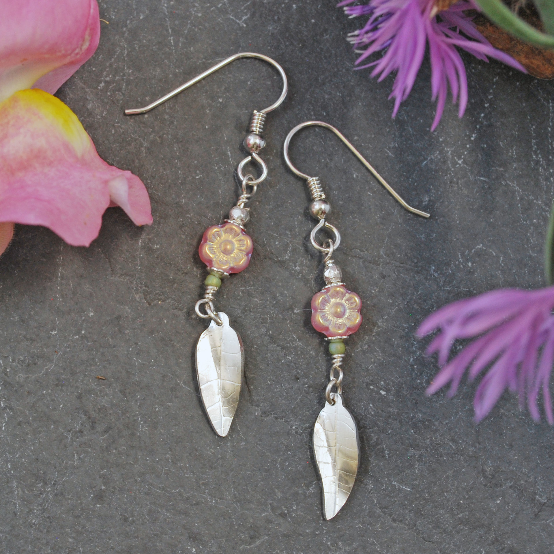 Pink Czech Glass Flower earrings with Silver Leaves