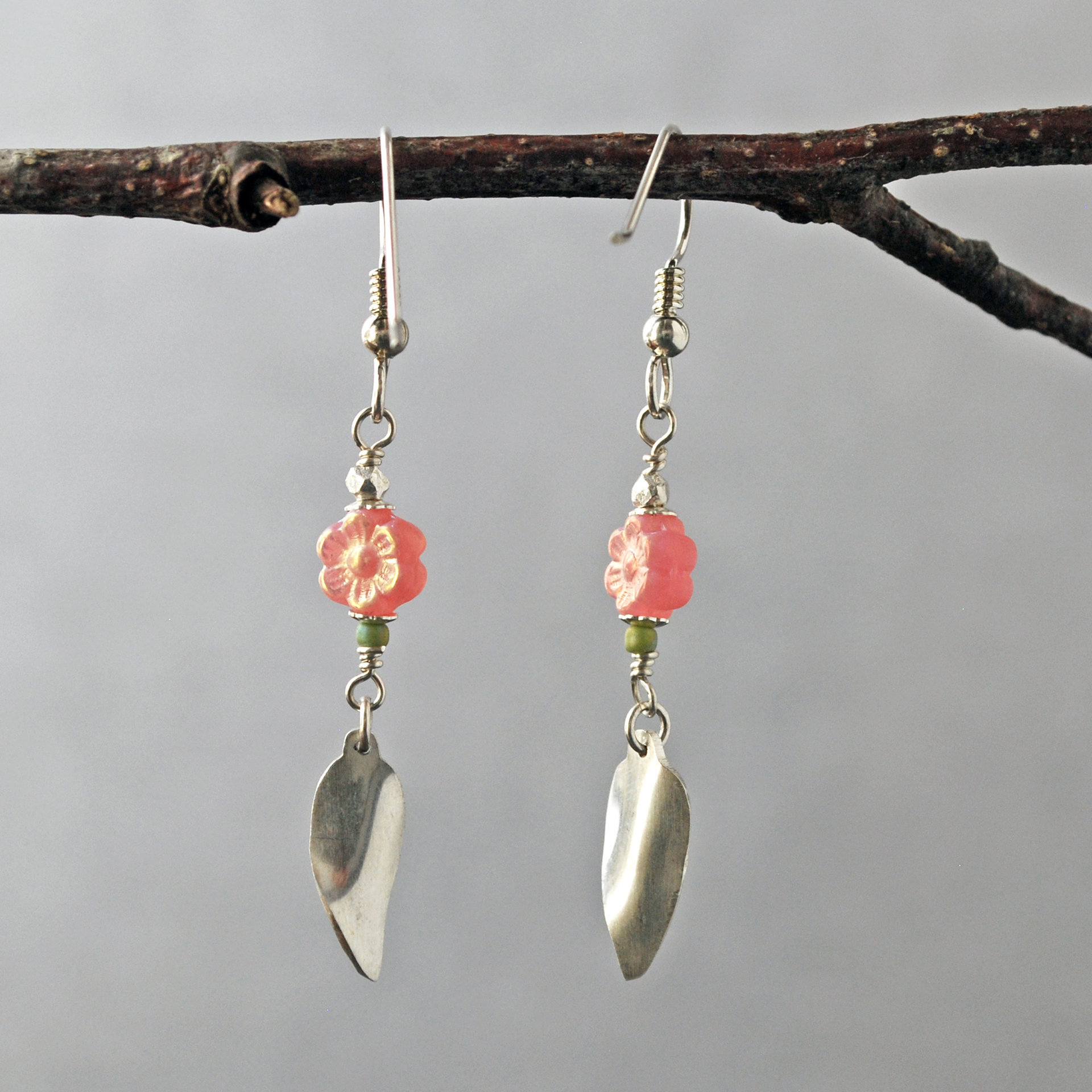 Pink Czech Glass Flower earrings with Silver Leaves