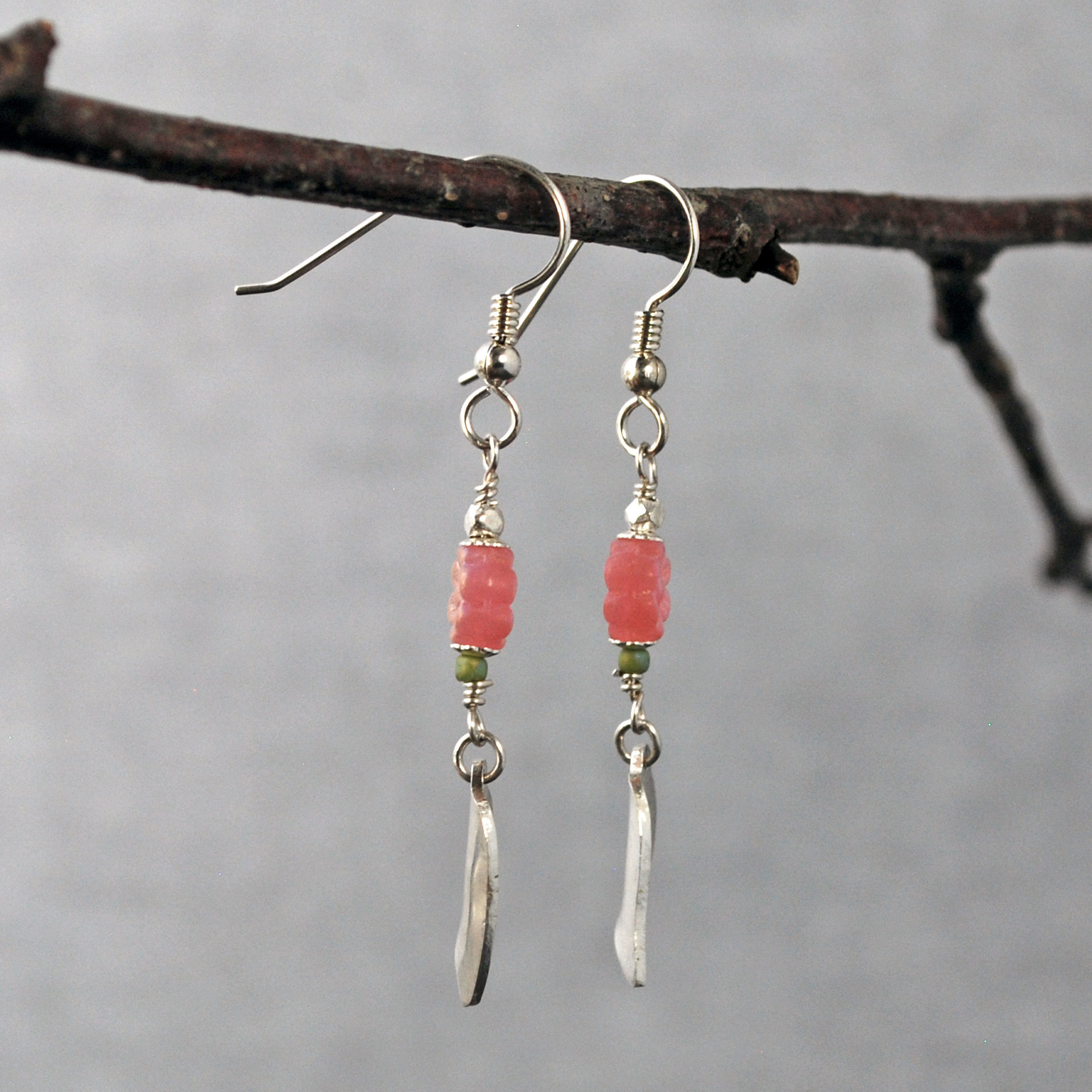 Pink Czech Glass Flower earrings with Silver Leaves