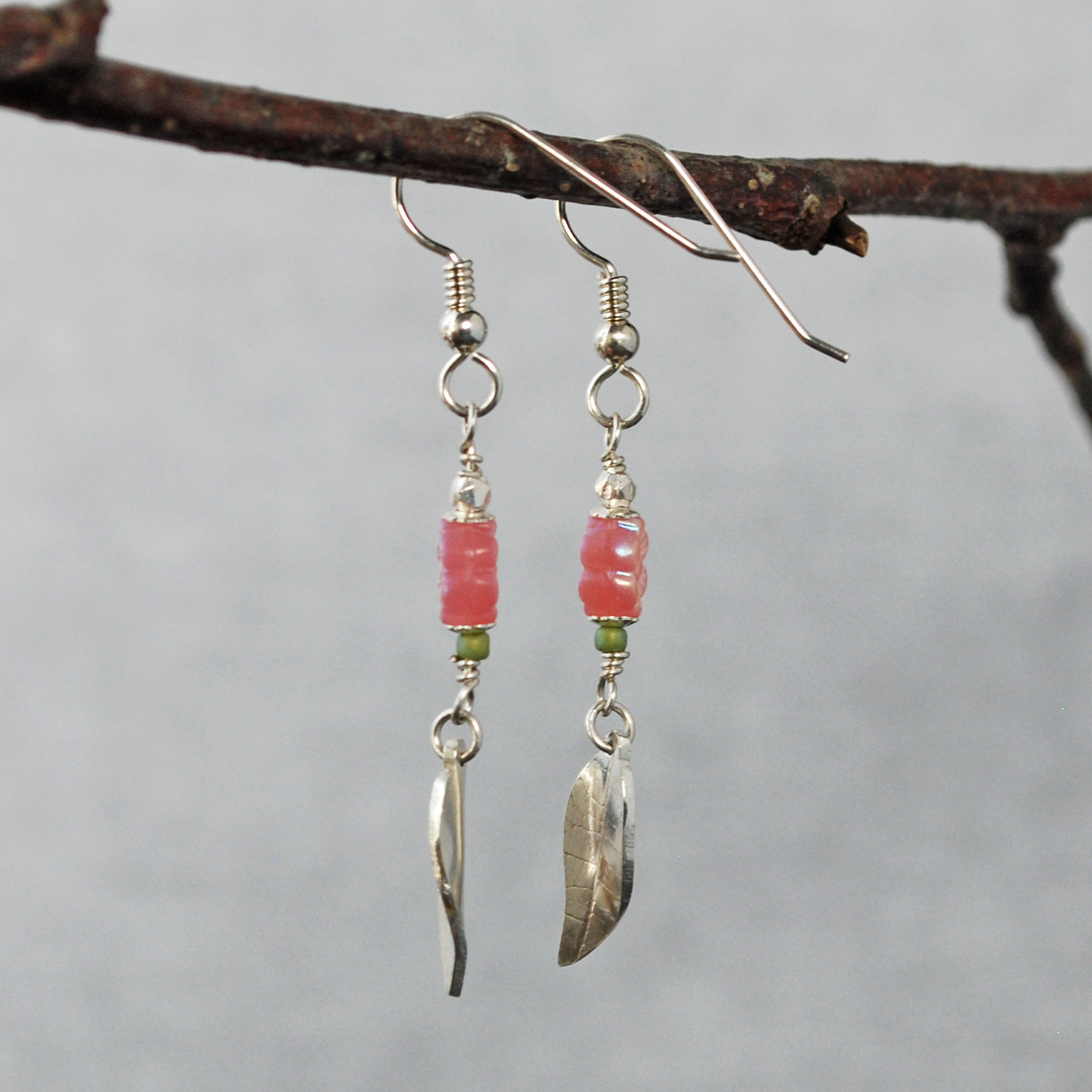 Pink Czech Glass Flower earrings with Silver Leaves