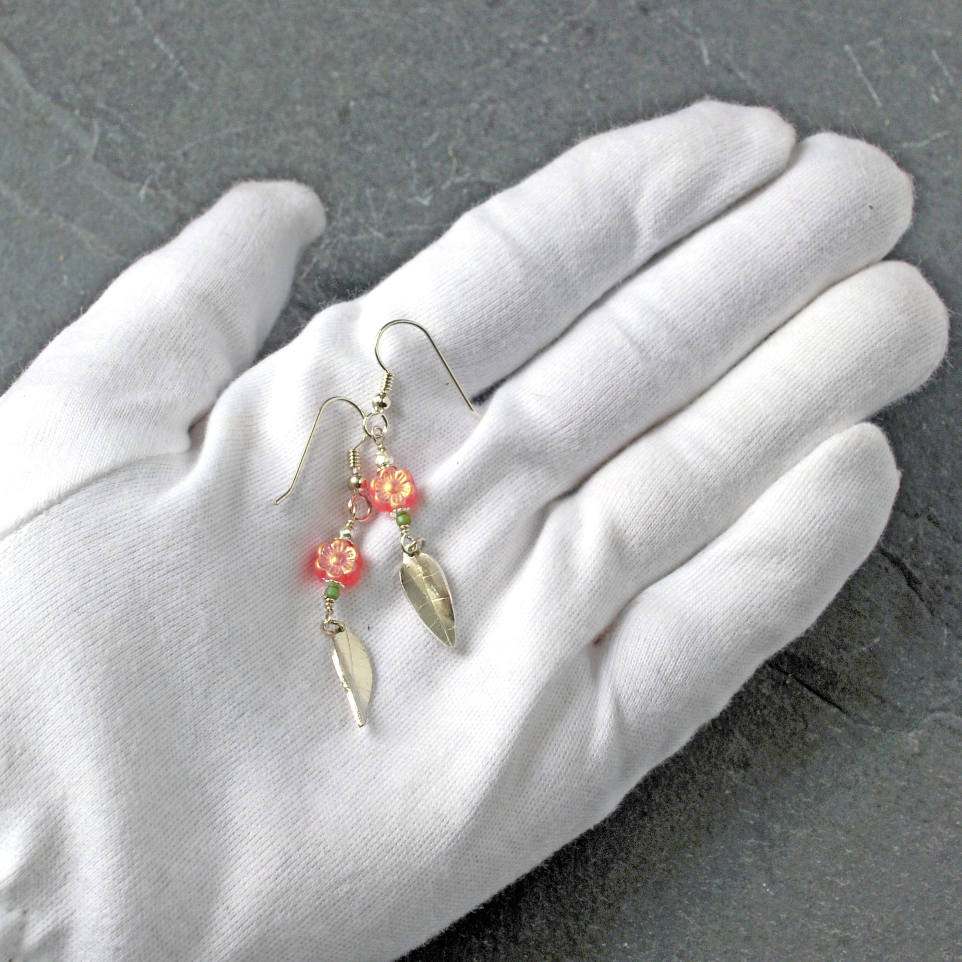 Pink Czech Glass Flower earrings with Silver Leaves