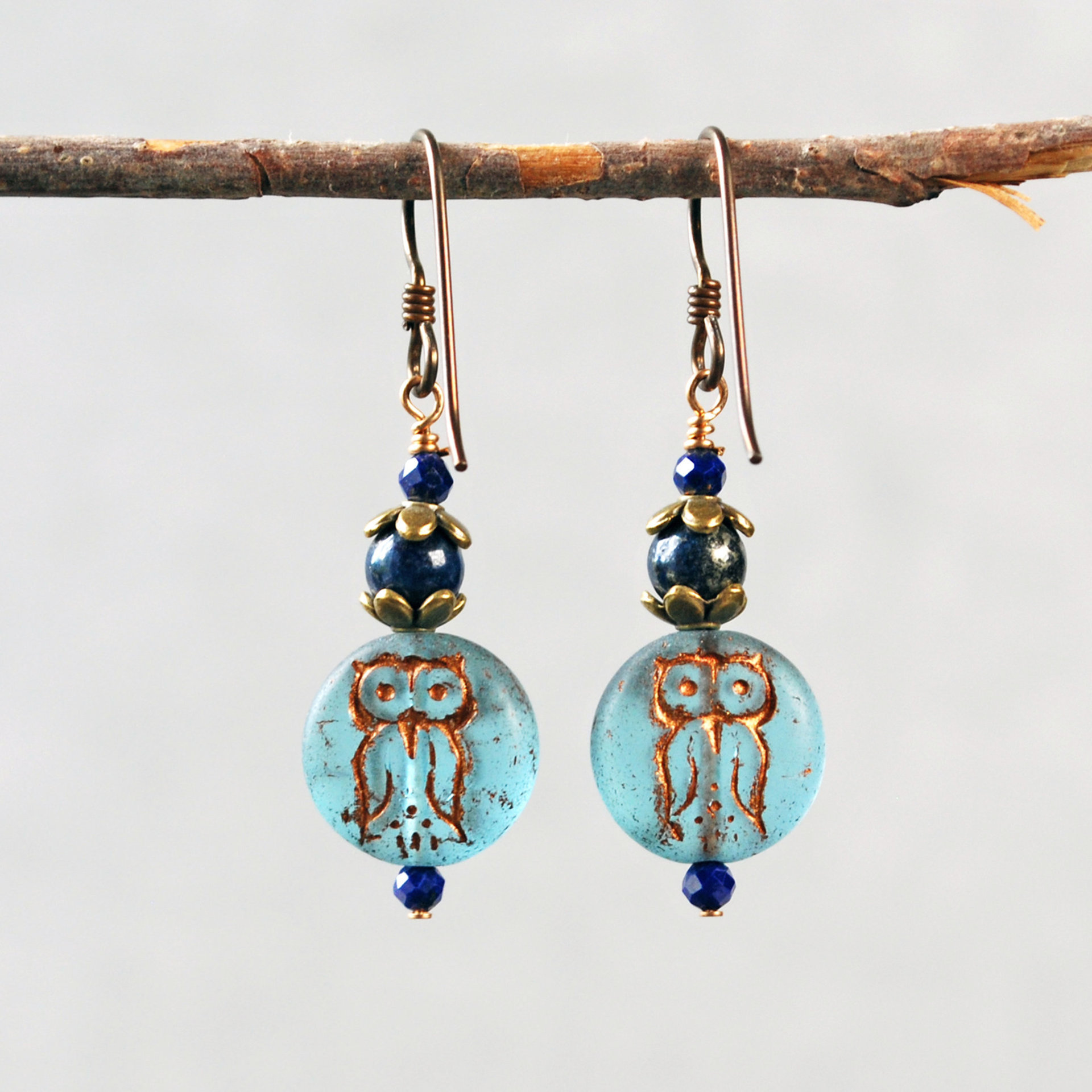 Blue Czech Glass Owl Earrings with Lapis Lazuli