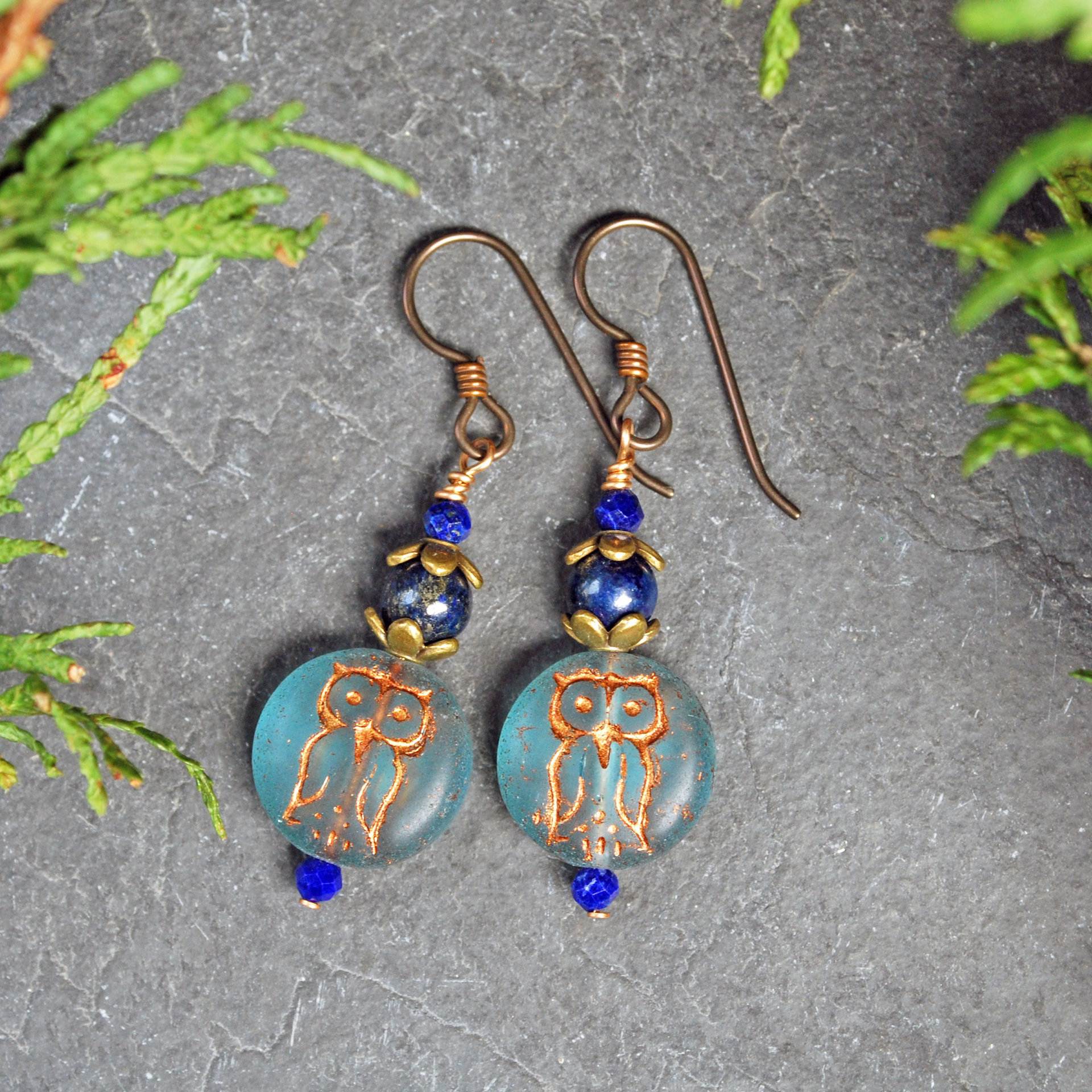 Blue Czech Glass Owl Earrings with Lapis Lazuli
