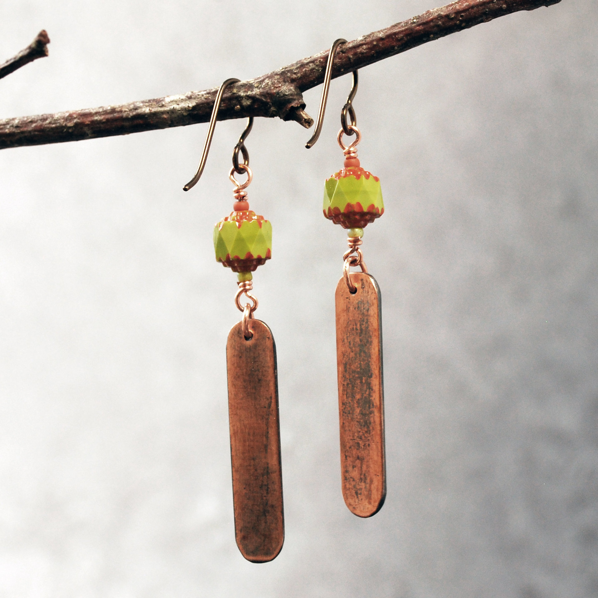 Green Czech Glass Earrings, Copper Leaf Impressed Dangles