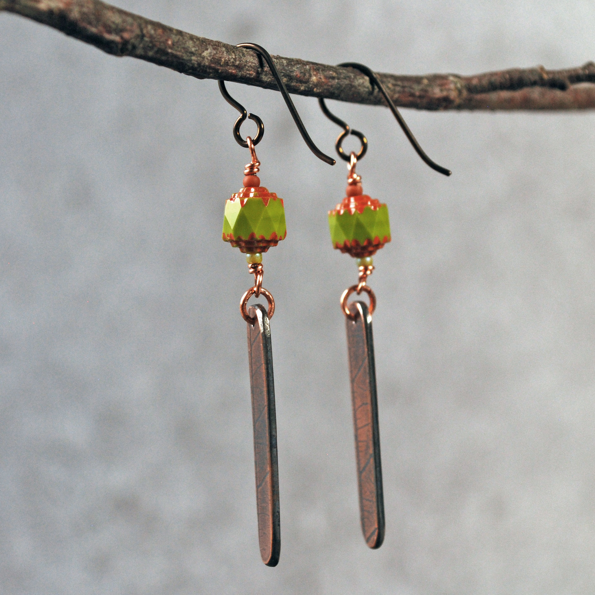 Green Czech Glass Earrings, Copper Leaf Impressed Dangles