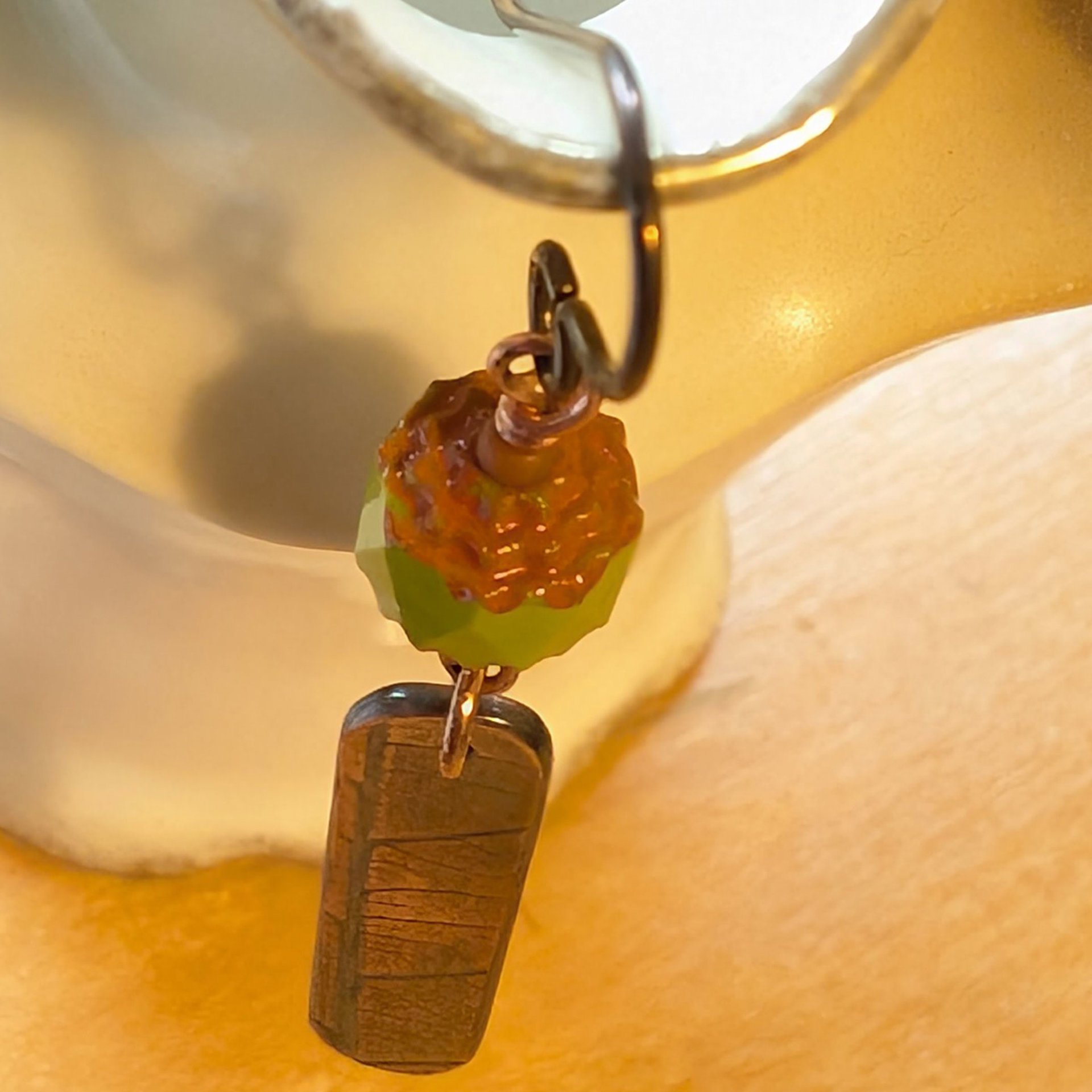 Green Czech Glass Earrings, Copper Leaf Impressed Dangles