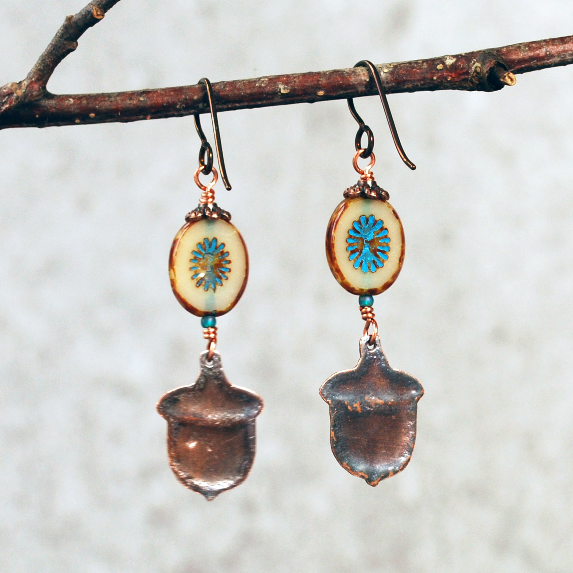 Impressed Copper Acorn Earrings, Czech Glass
