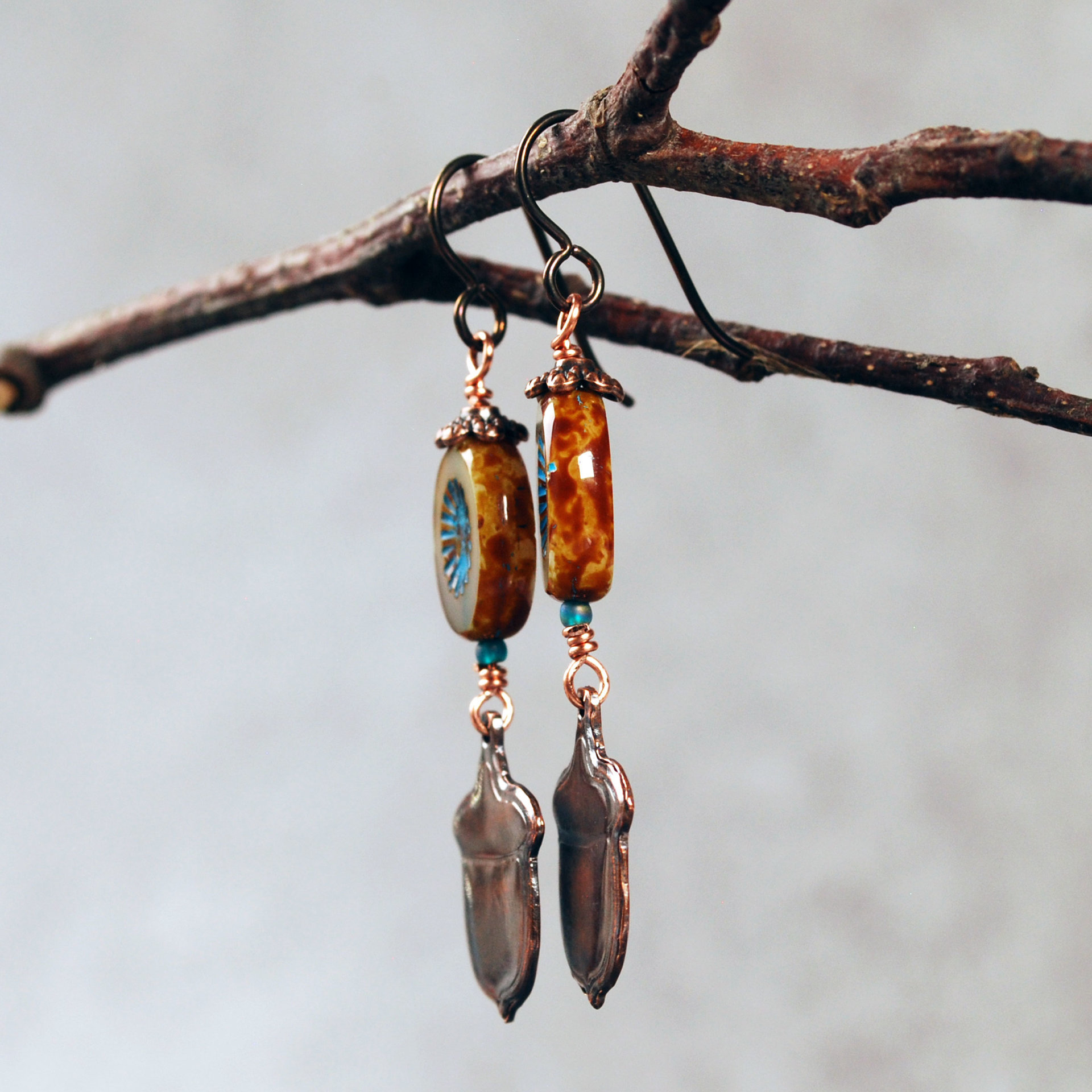 Impressed Copper Acorn Earrings, Czech Glass