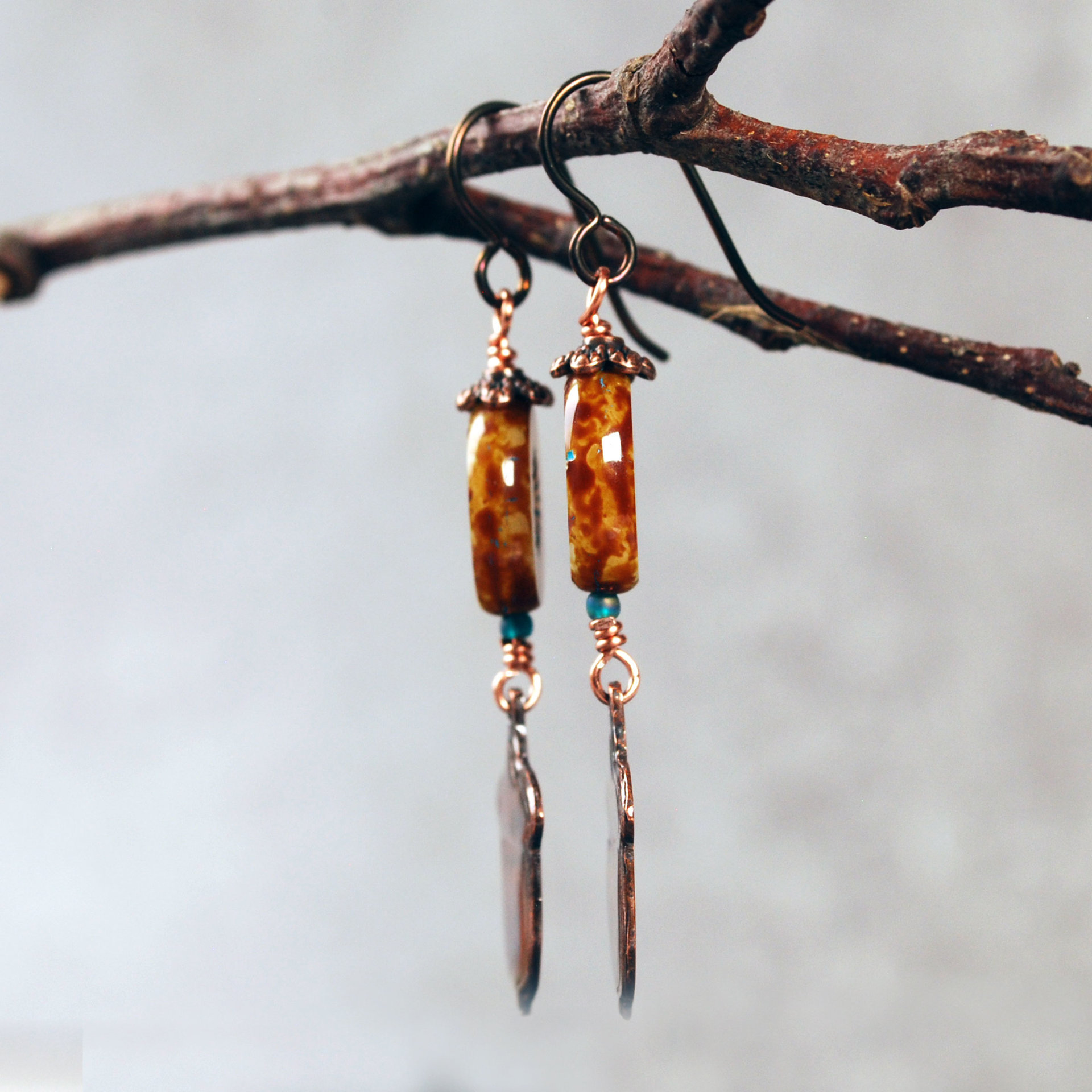 Impressed Copper Acorn Earrings, Czech Glass