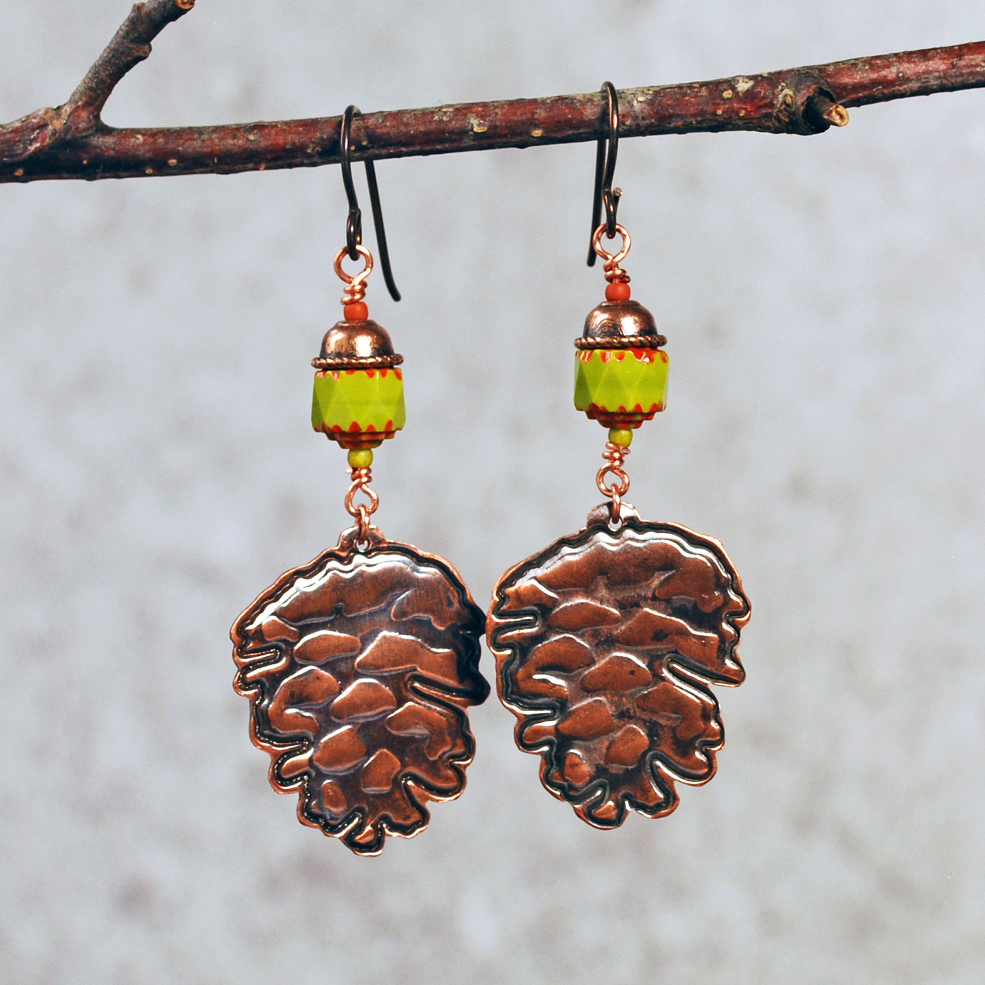 Copper Pine Cone Earrings with Czech Glass