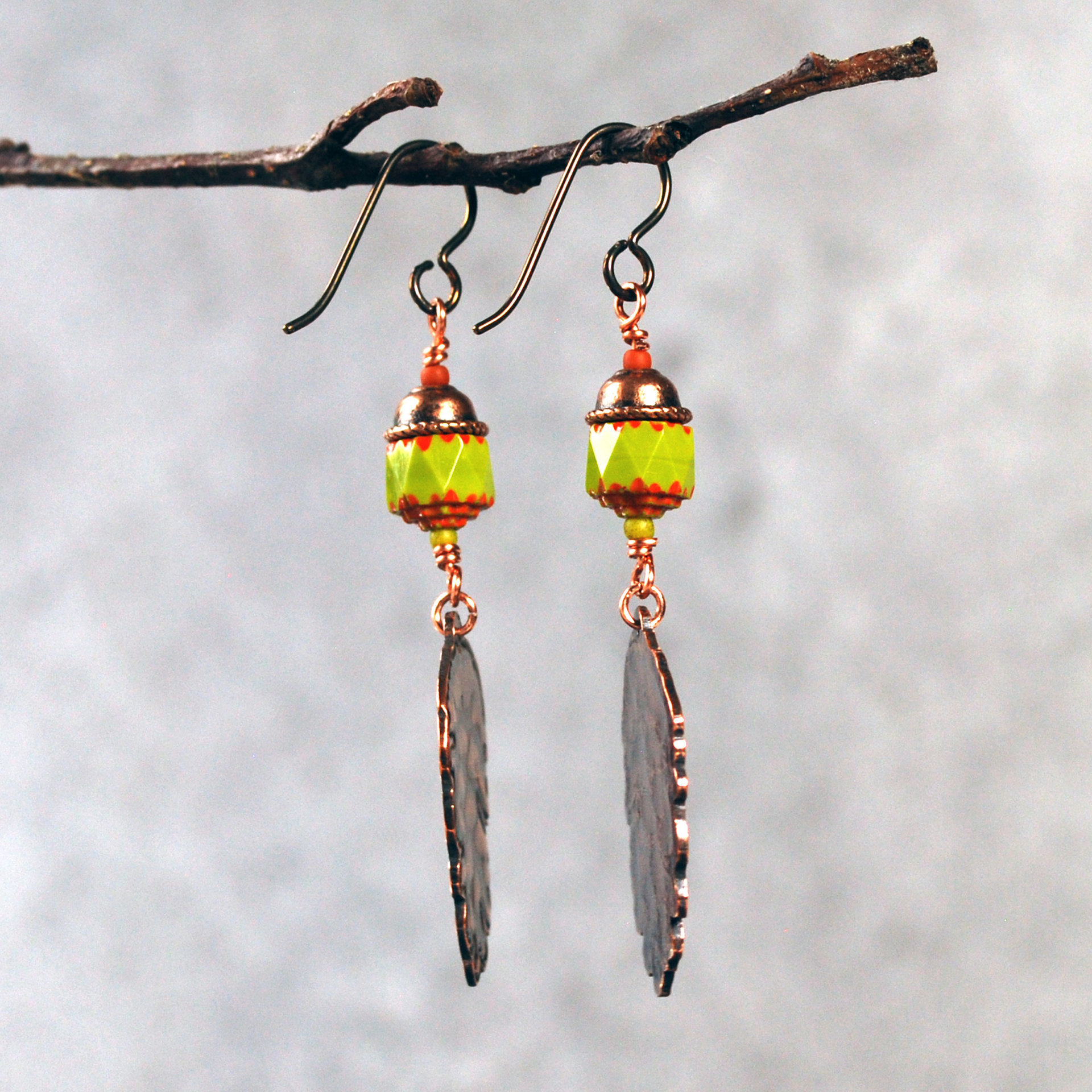 Copper Pine Cone Earrings with Czech Glass