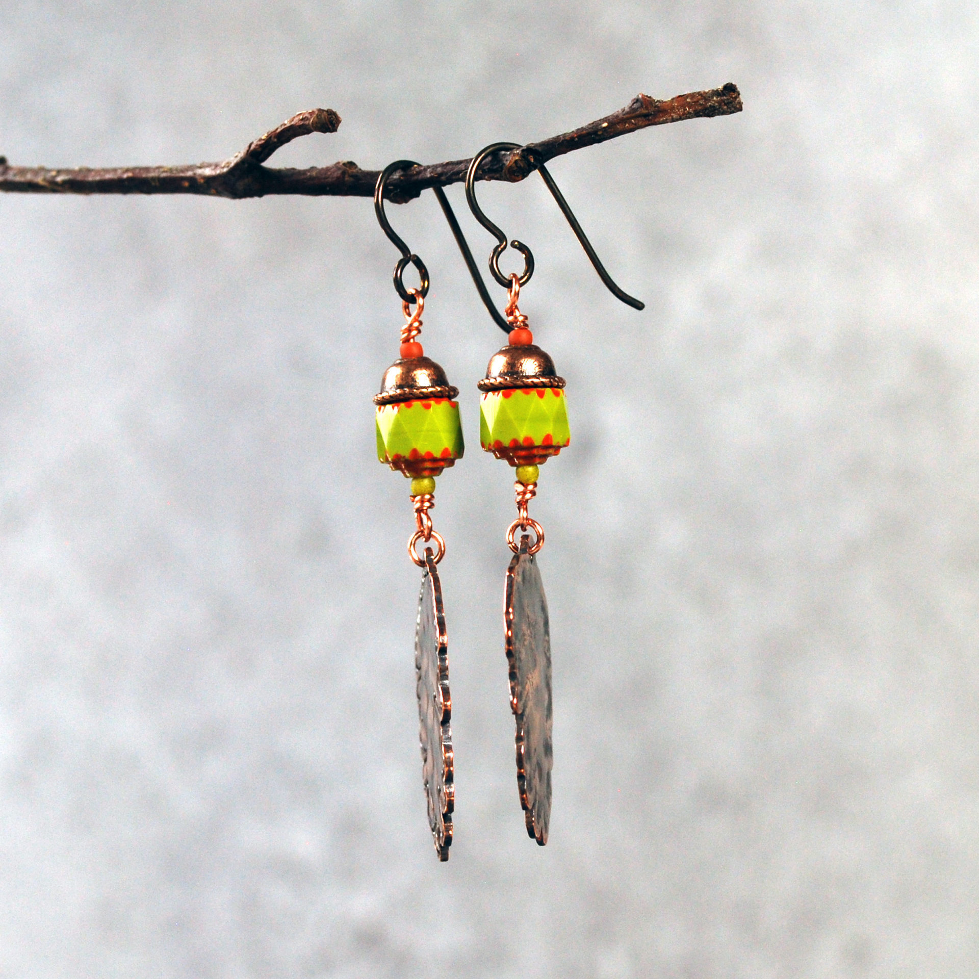 Copper Pine Cone Earrings with Czech Glass