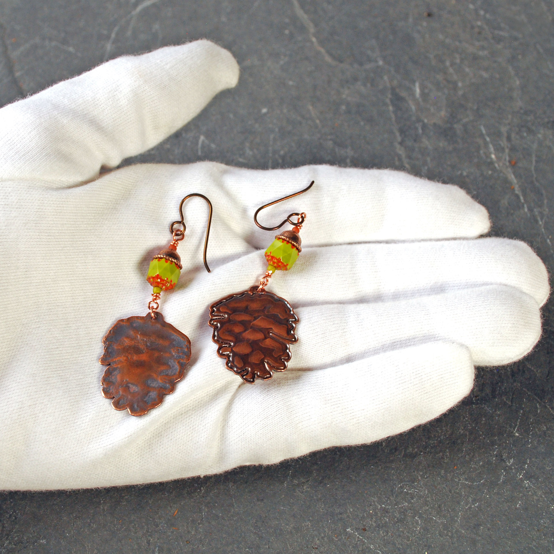 Copper Pine Cone Earrings with Czech Glass