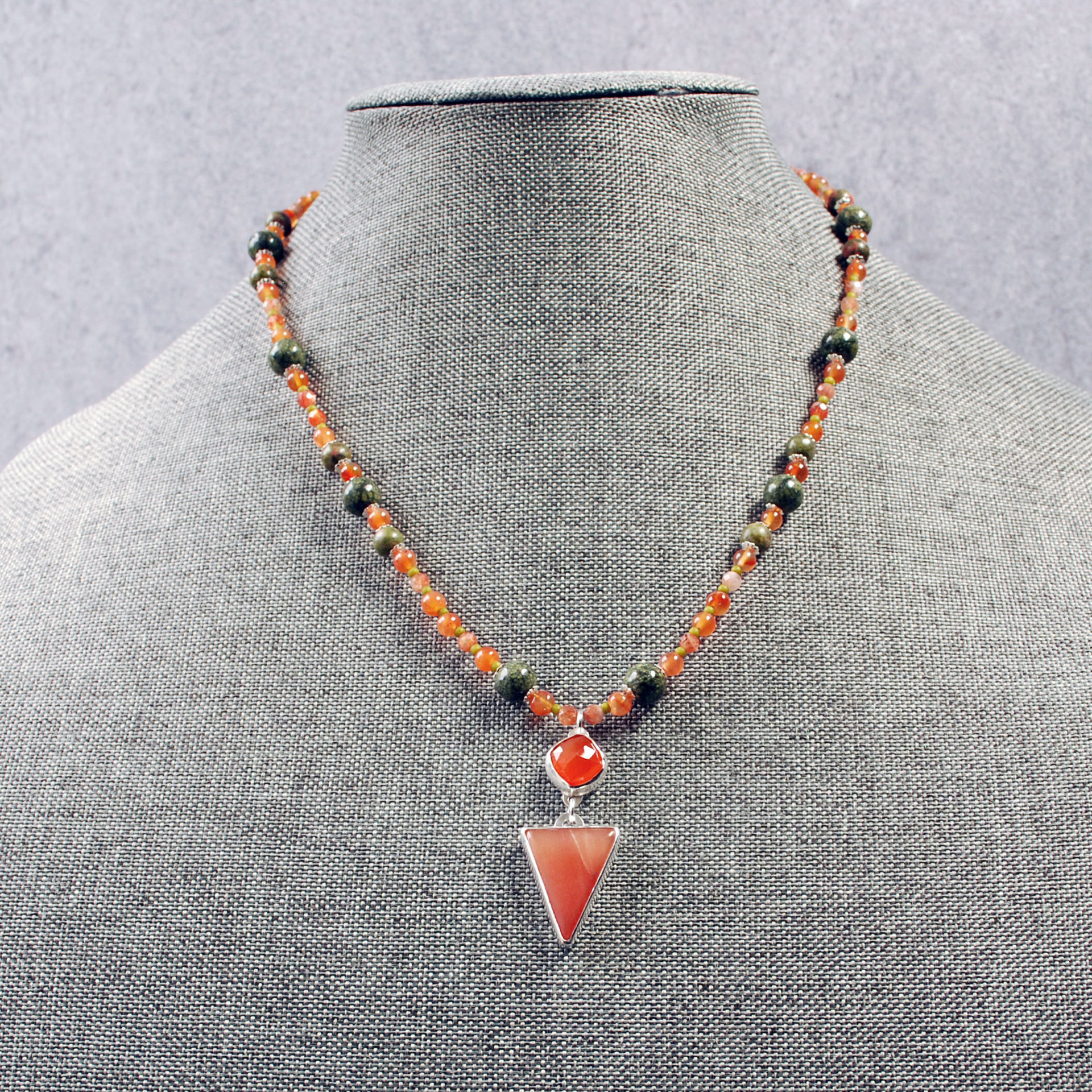 Carnelian Silver Pendant with Beaded Necklace