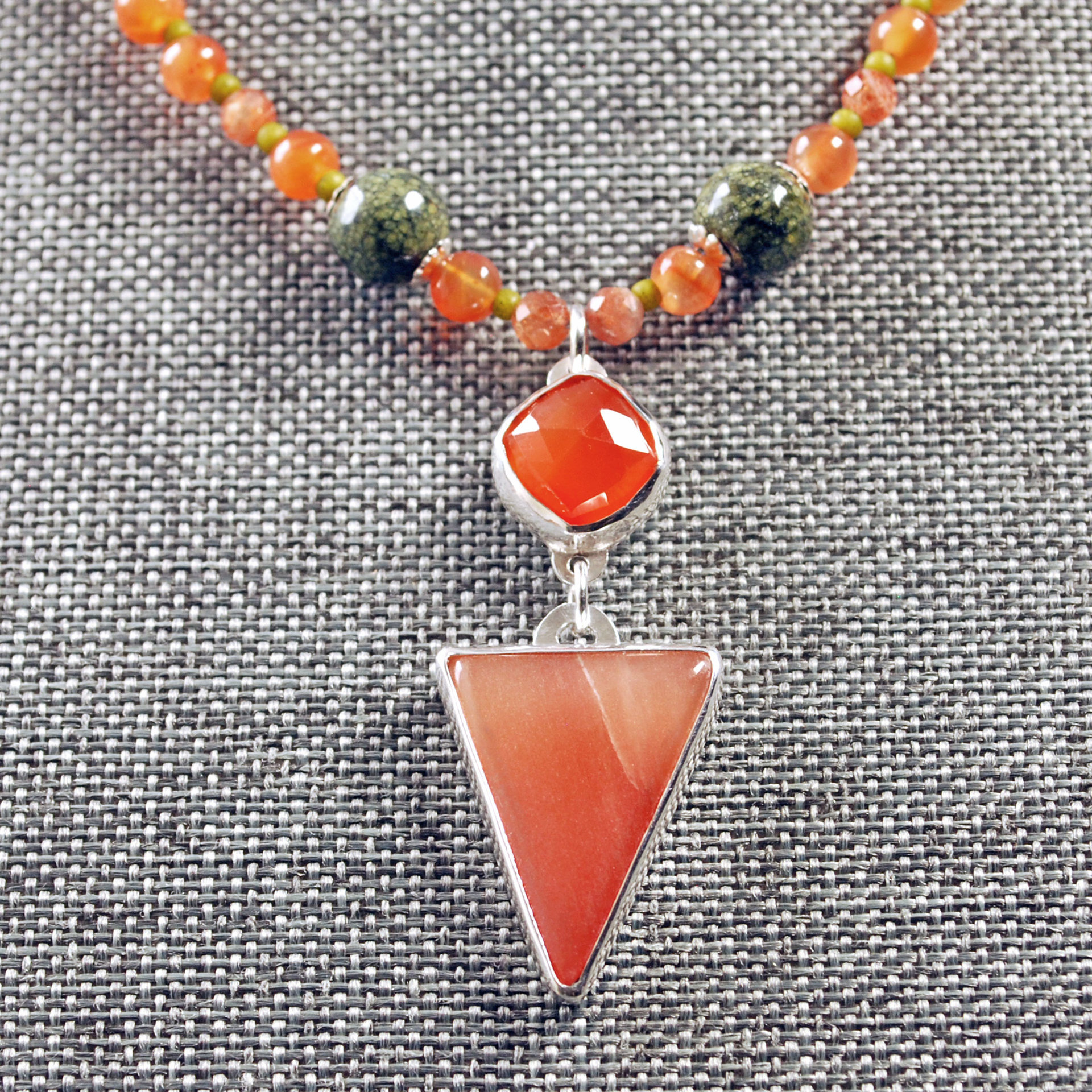 Carnelian Silver Pendant with Beaded Necklace