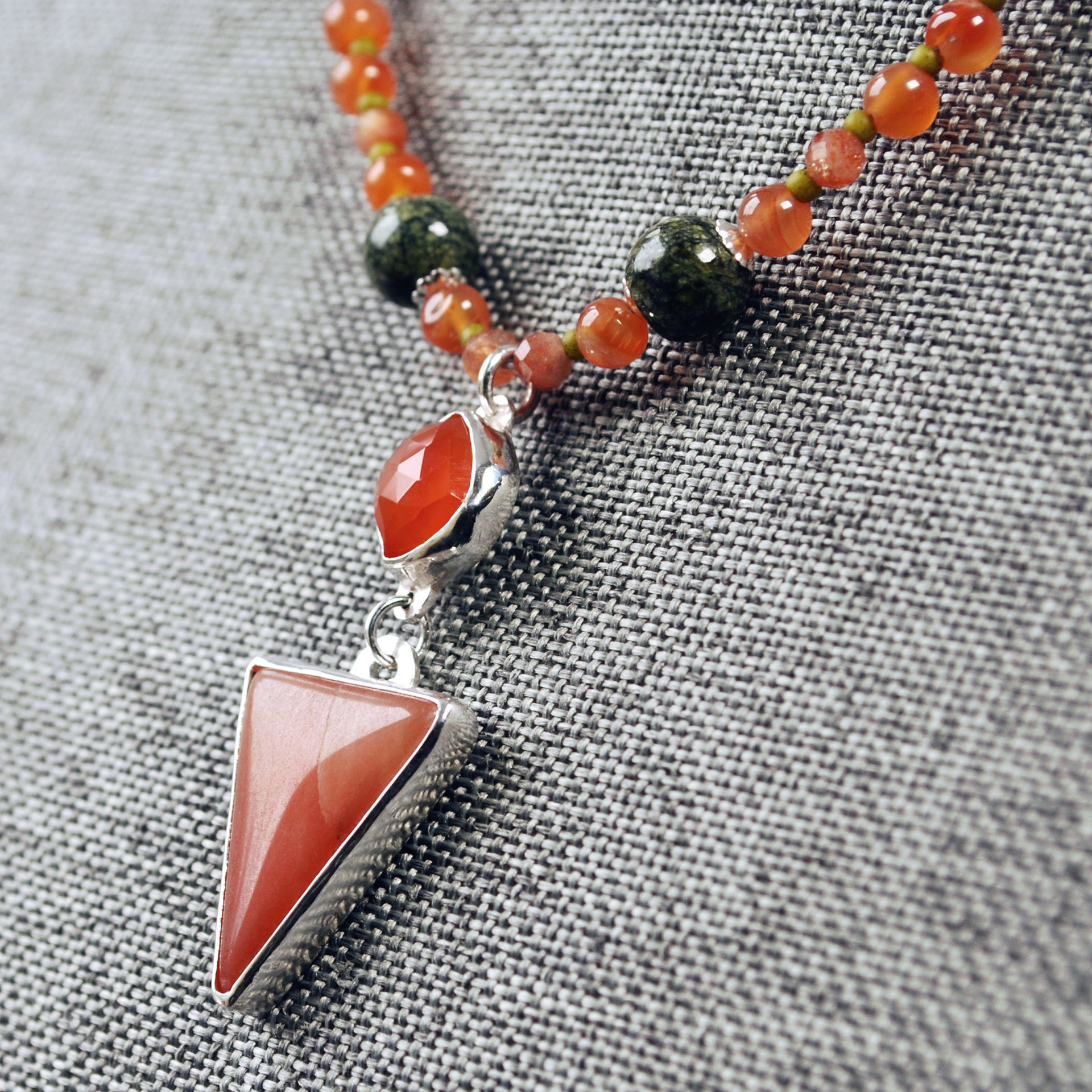 Carnelian Silver Pendant with Beaded Necklace