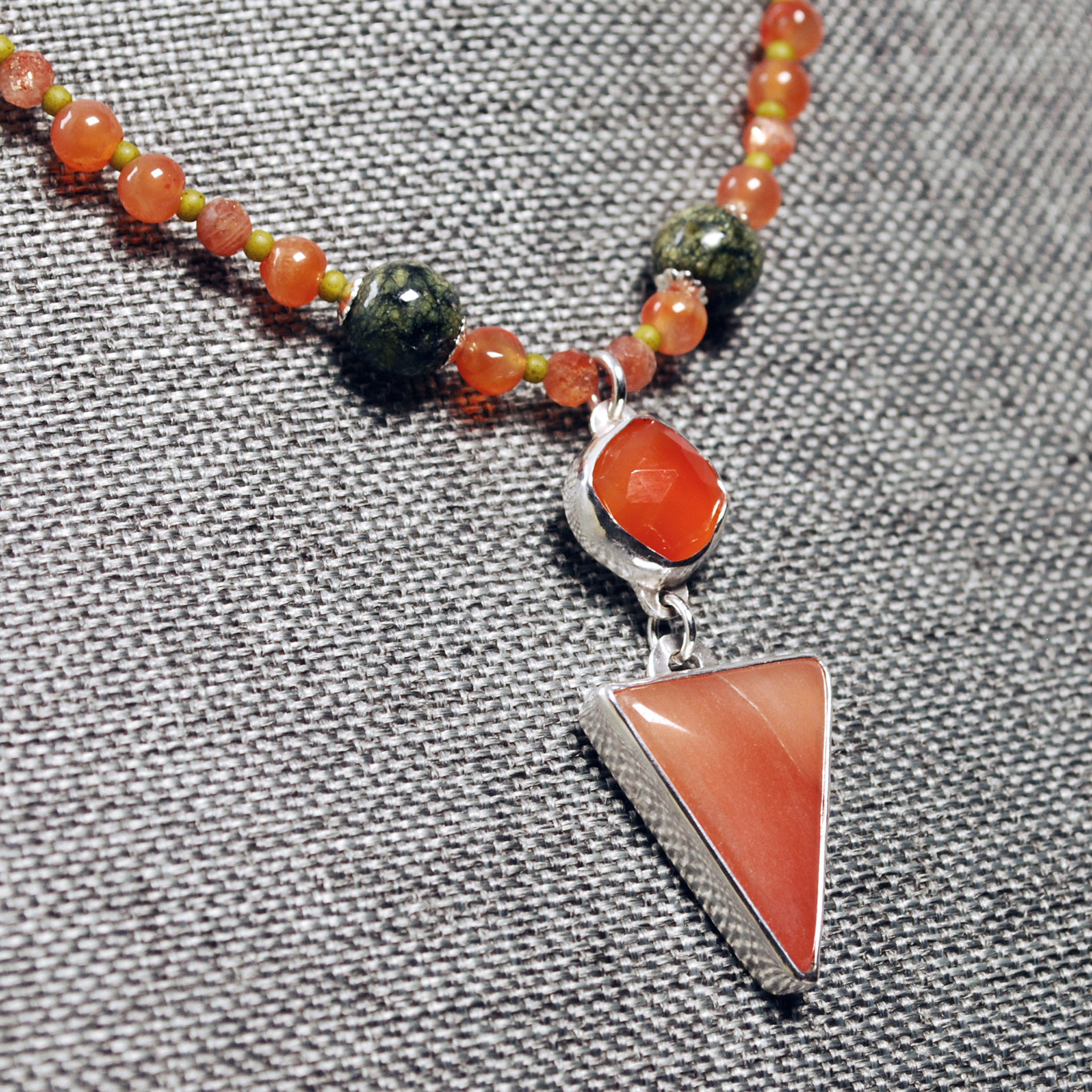 Carnelian Silver Pendant with Beaded Necklace