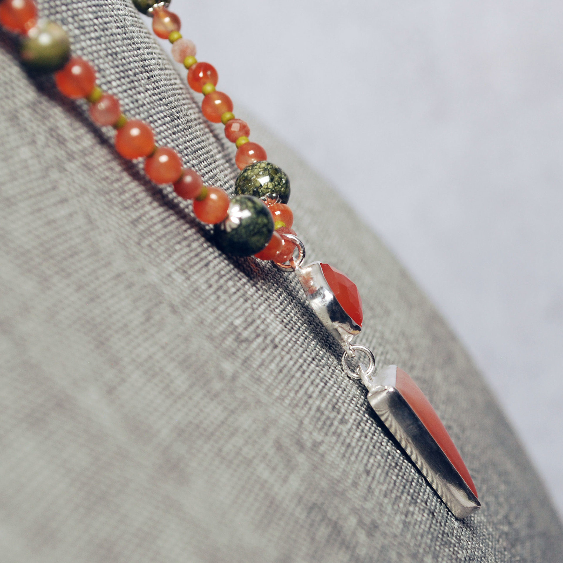 Carnelian Silver Pendant with Beaded Necklace