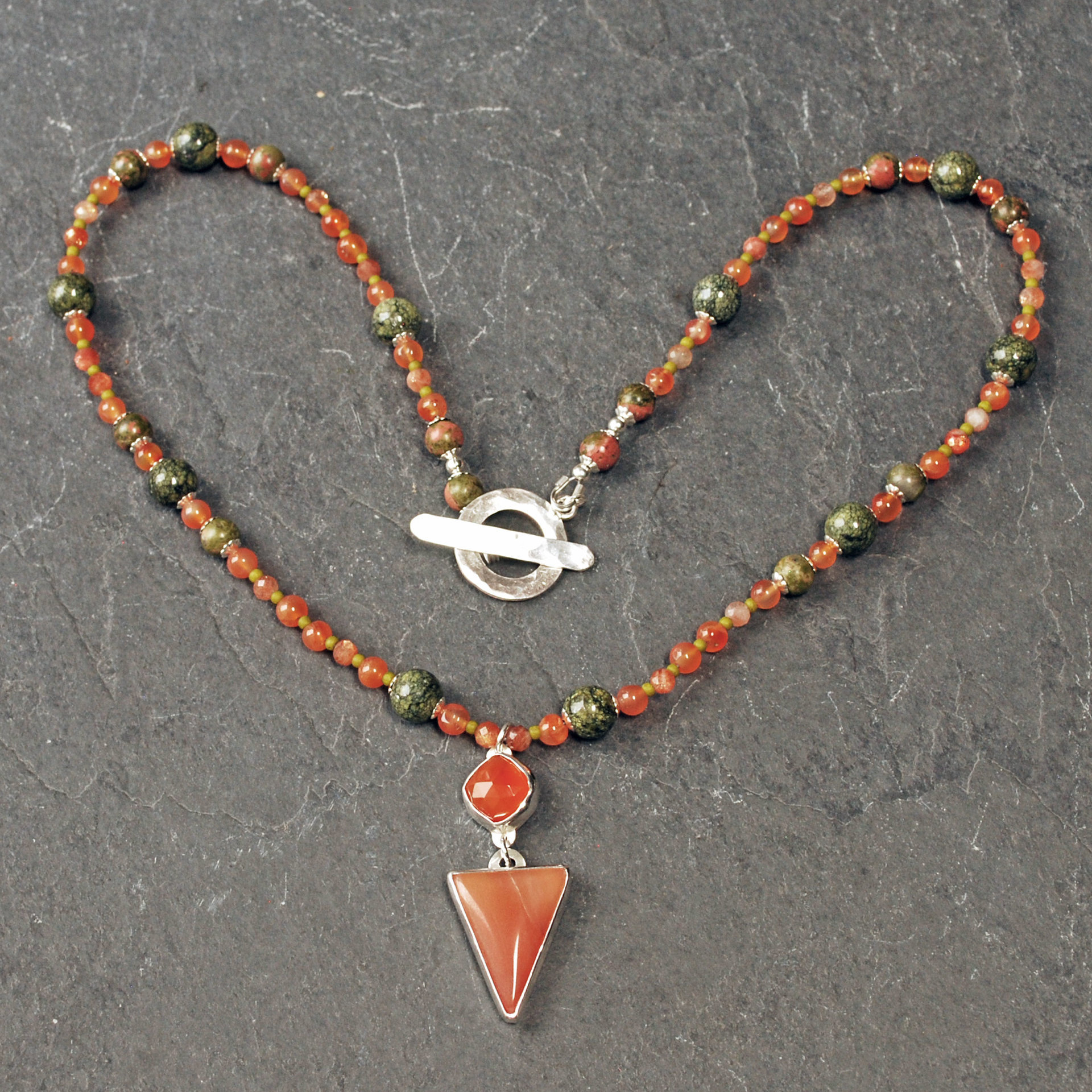 Carnelian Silver Pendant with Beaded Necklace