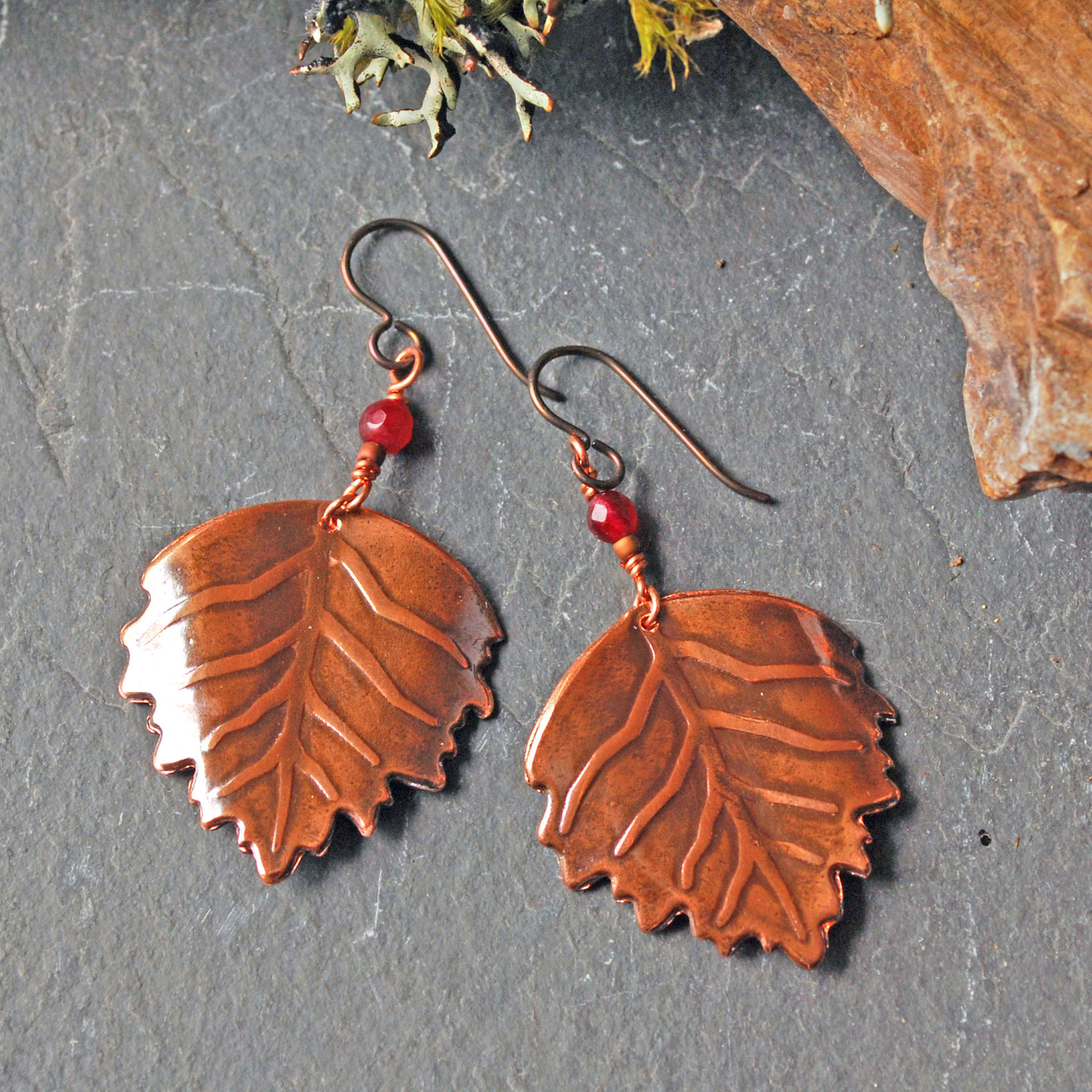 Copper Leaf Earrings with Garnets