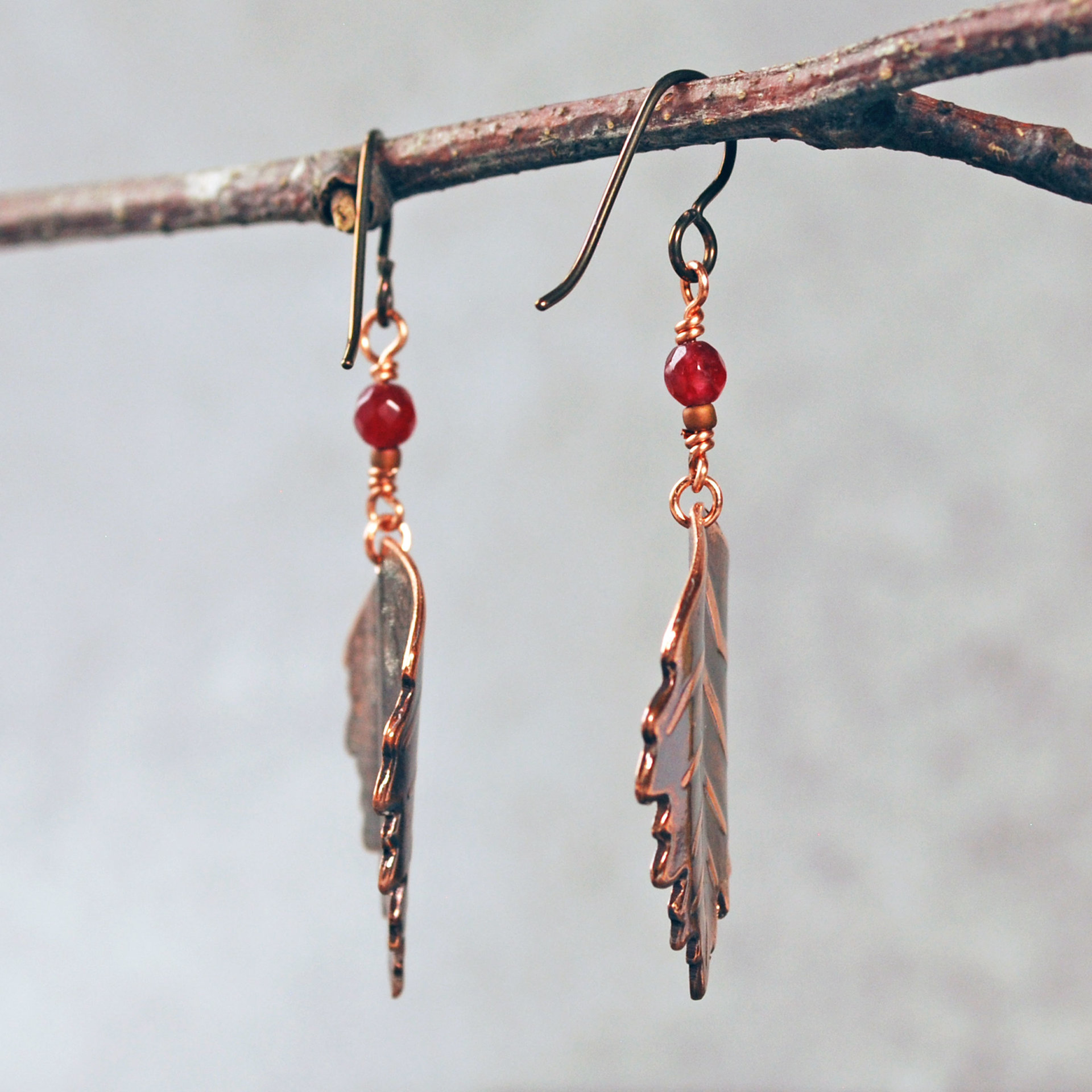 Copper Leaf Earrings with Garnets