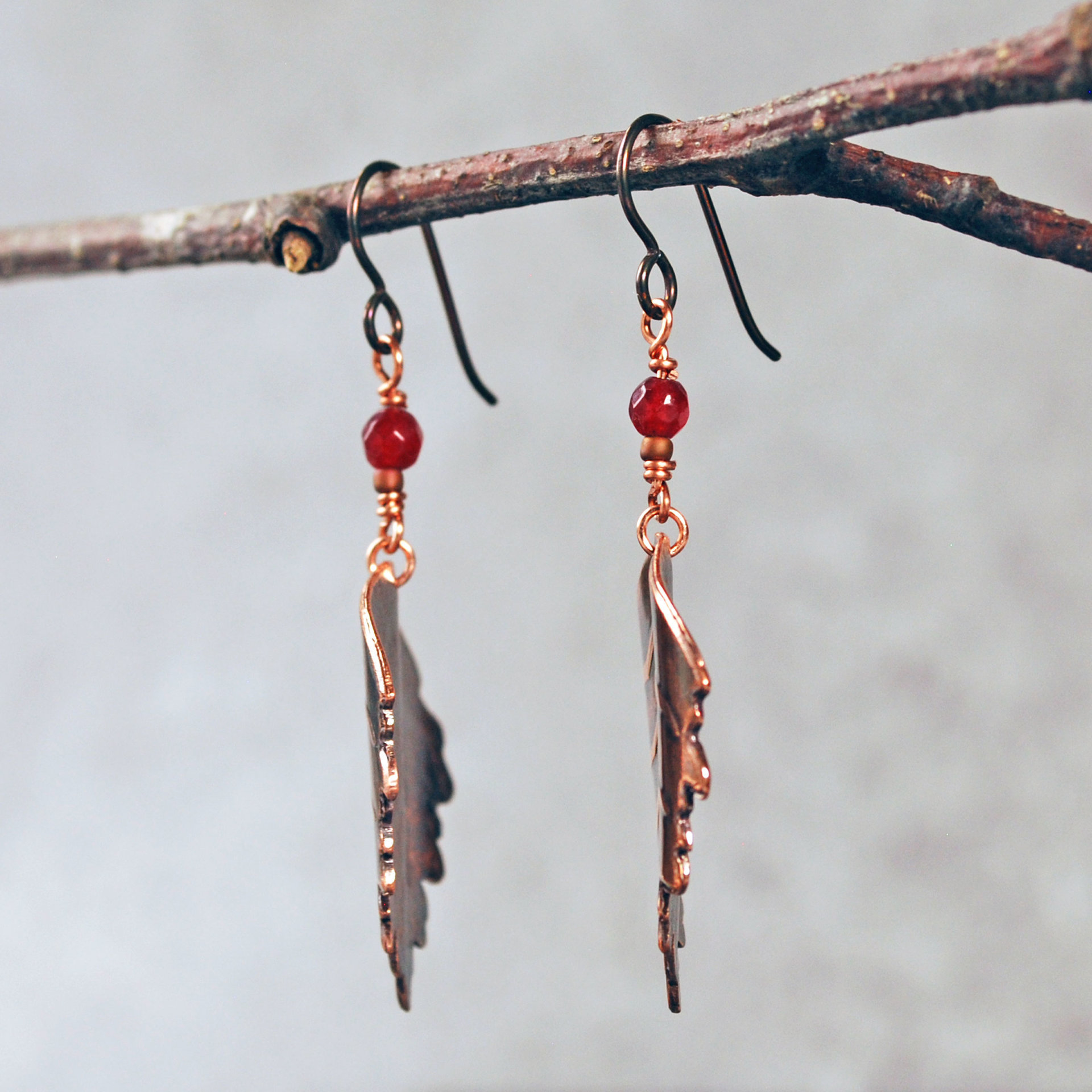 Copper Leaf Earrings with Garnets
