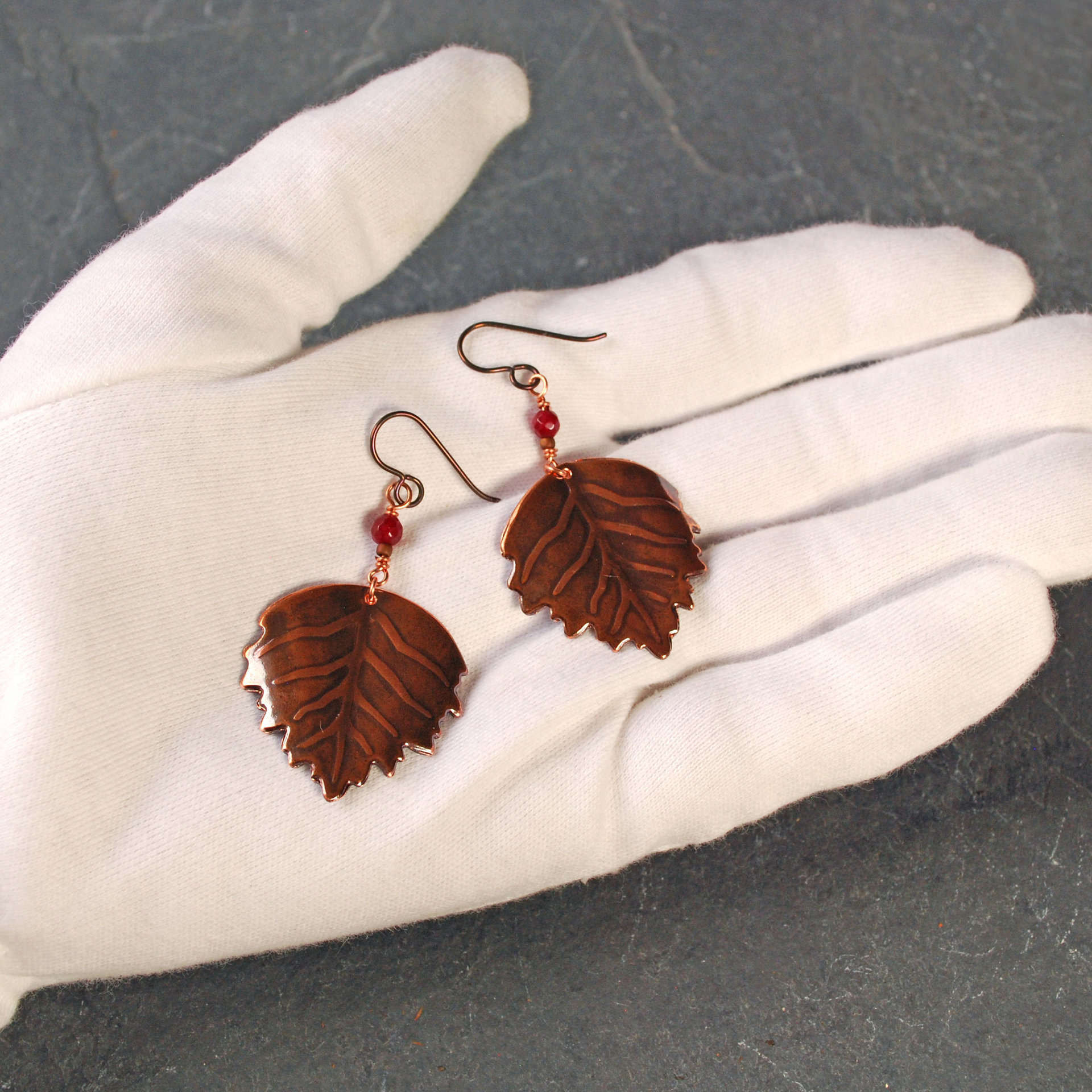 Copper Leaf Earrings with Garnets
