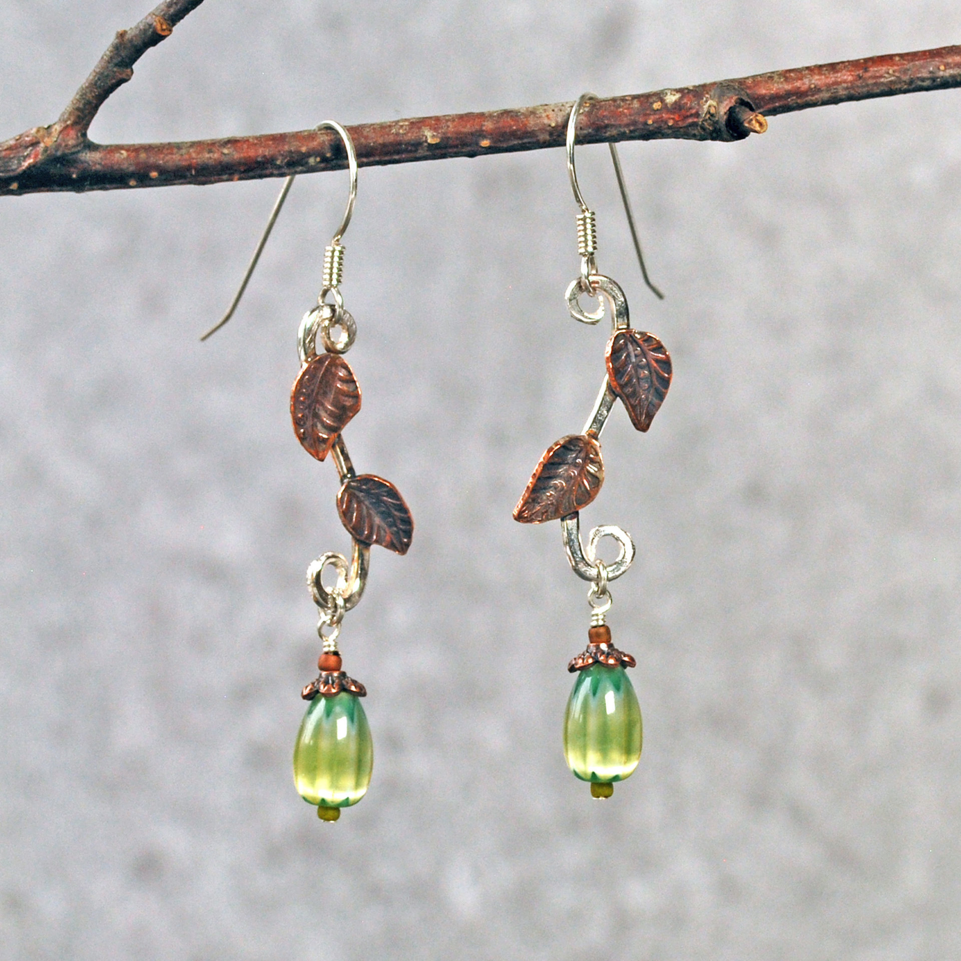 Silver Earrings with Copper Leaves, Czech Glass Drops