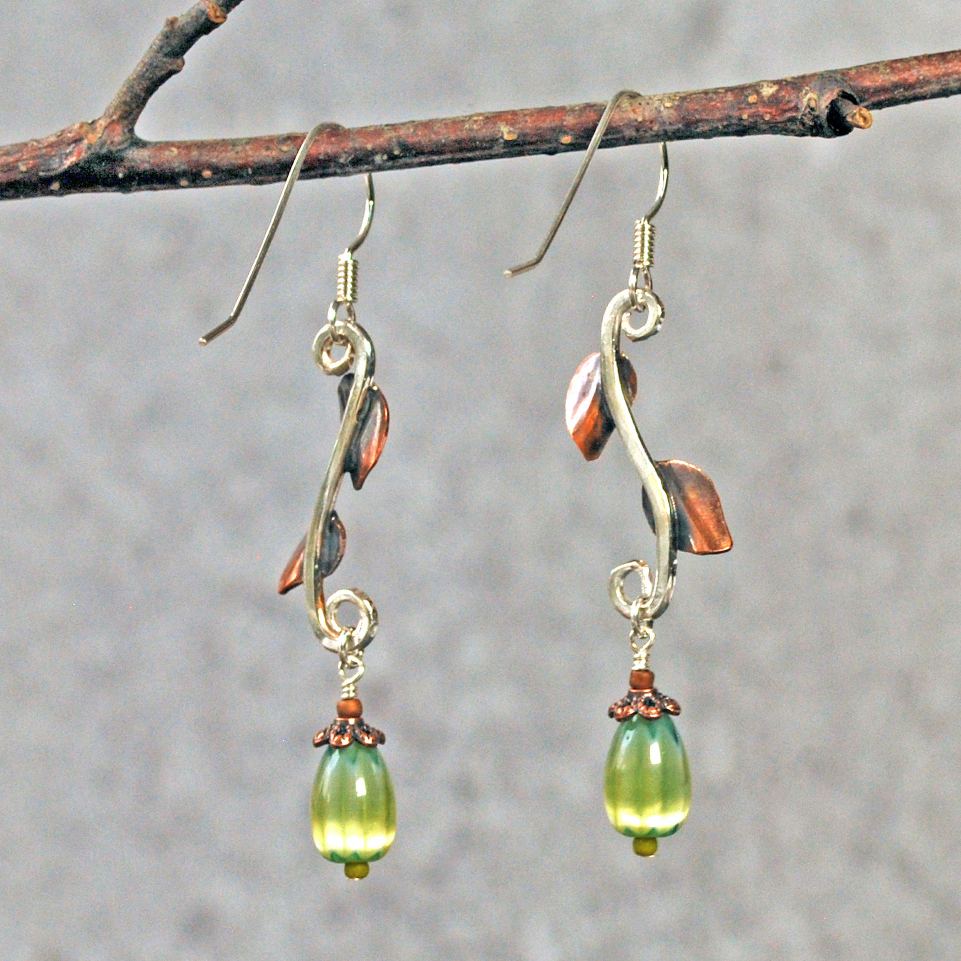 Silver Earrings with Copper Leaves, Czech Glass Drops