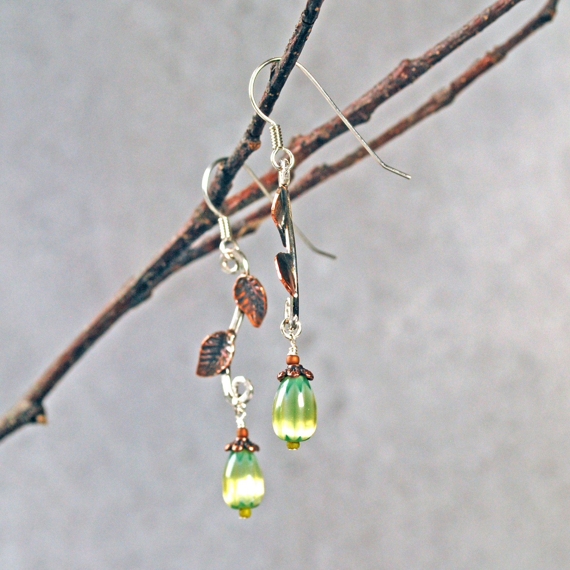 Silver Earrings with Copper Leaves, Czech Glass Drops