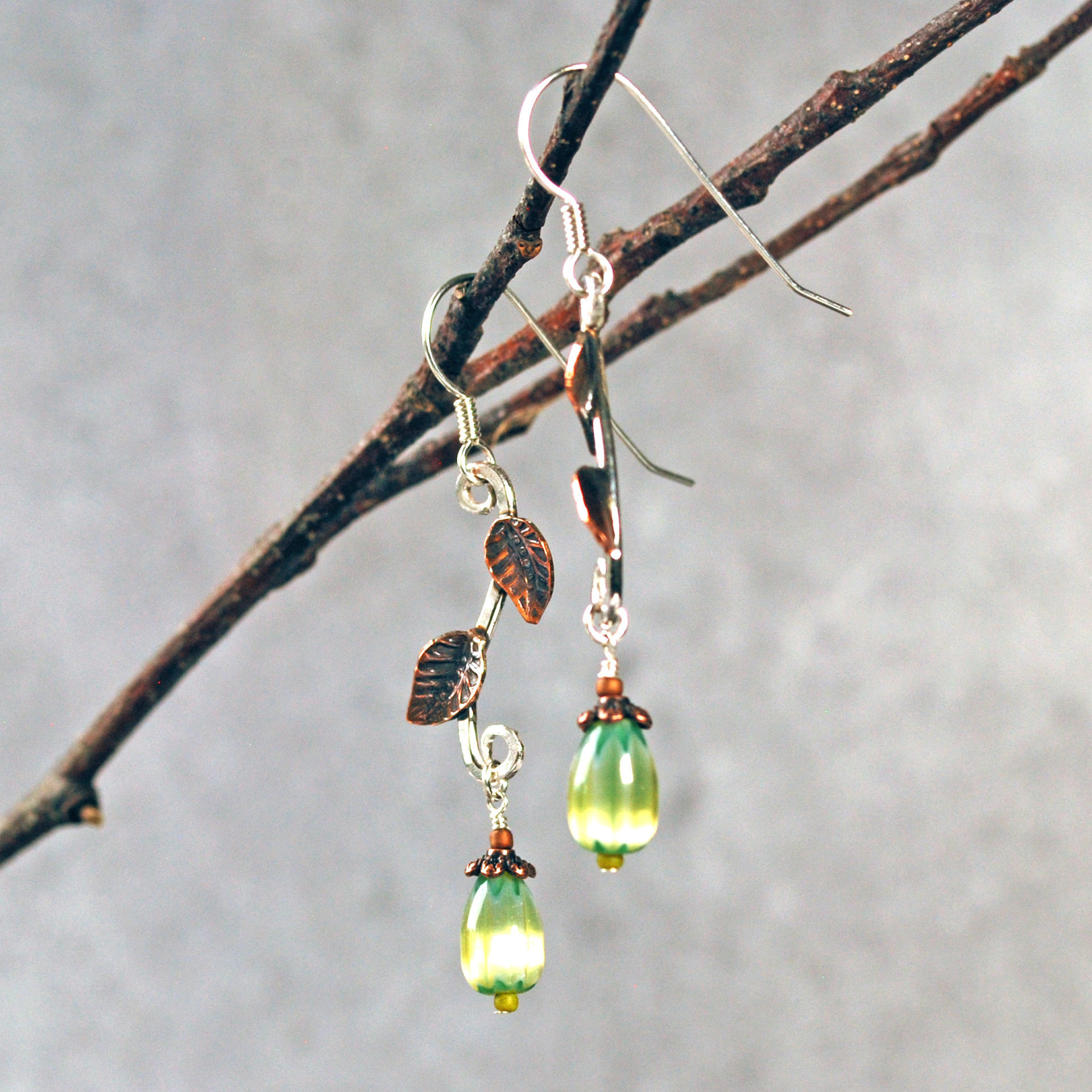 Silver Earrings with Copper Leaves, Czech Glass Drops