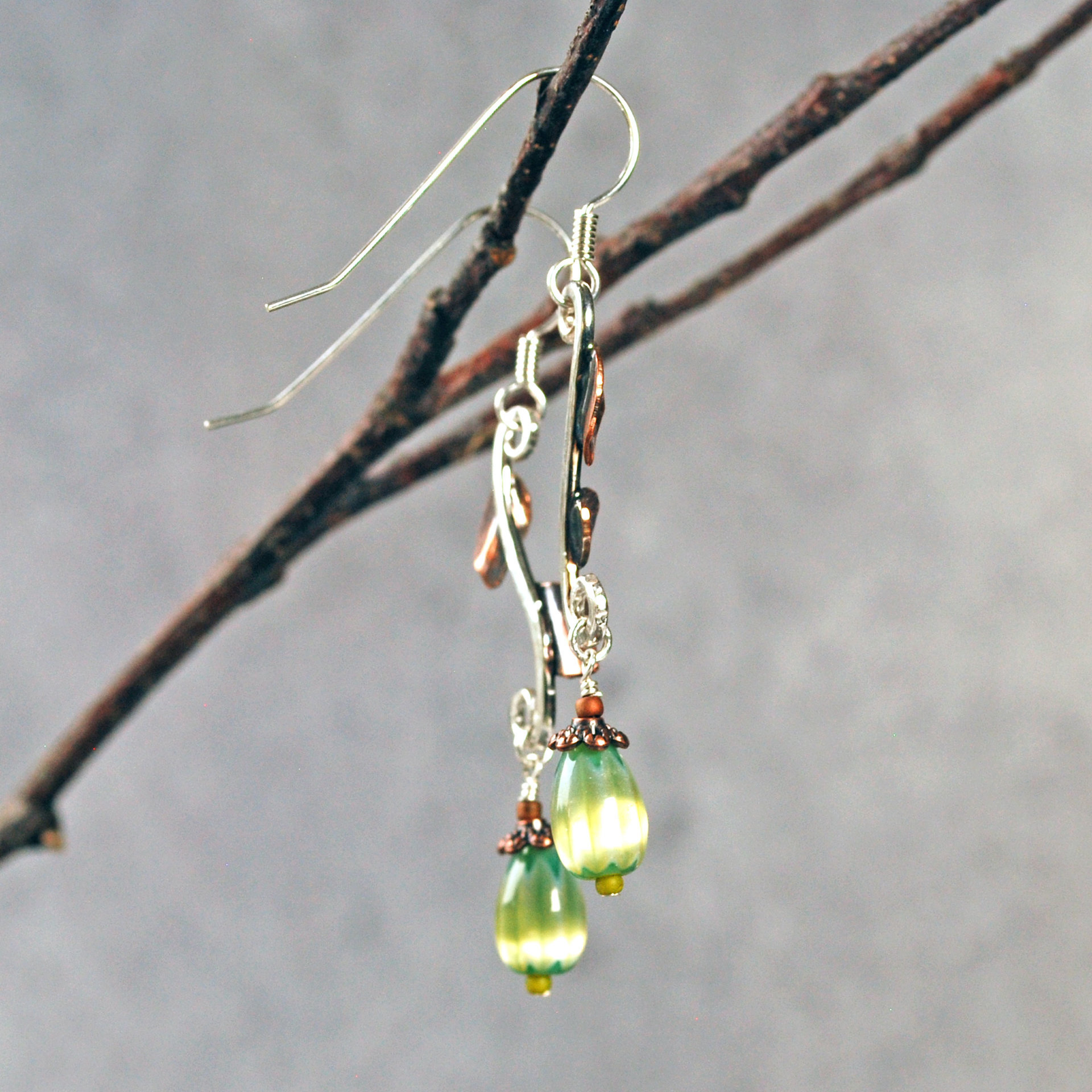Silver Earrings with Copper Leaves, Czech Glass Drops