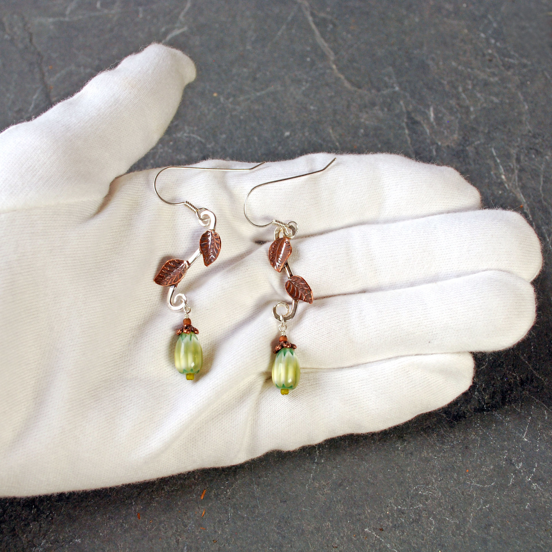 Silver Earrings with Copper Leaves, Czech Glass Drops