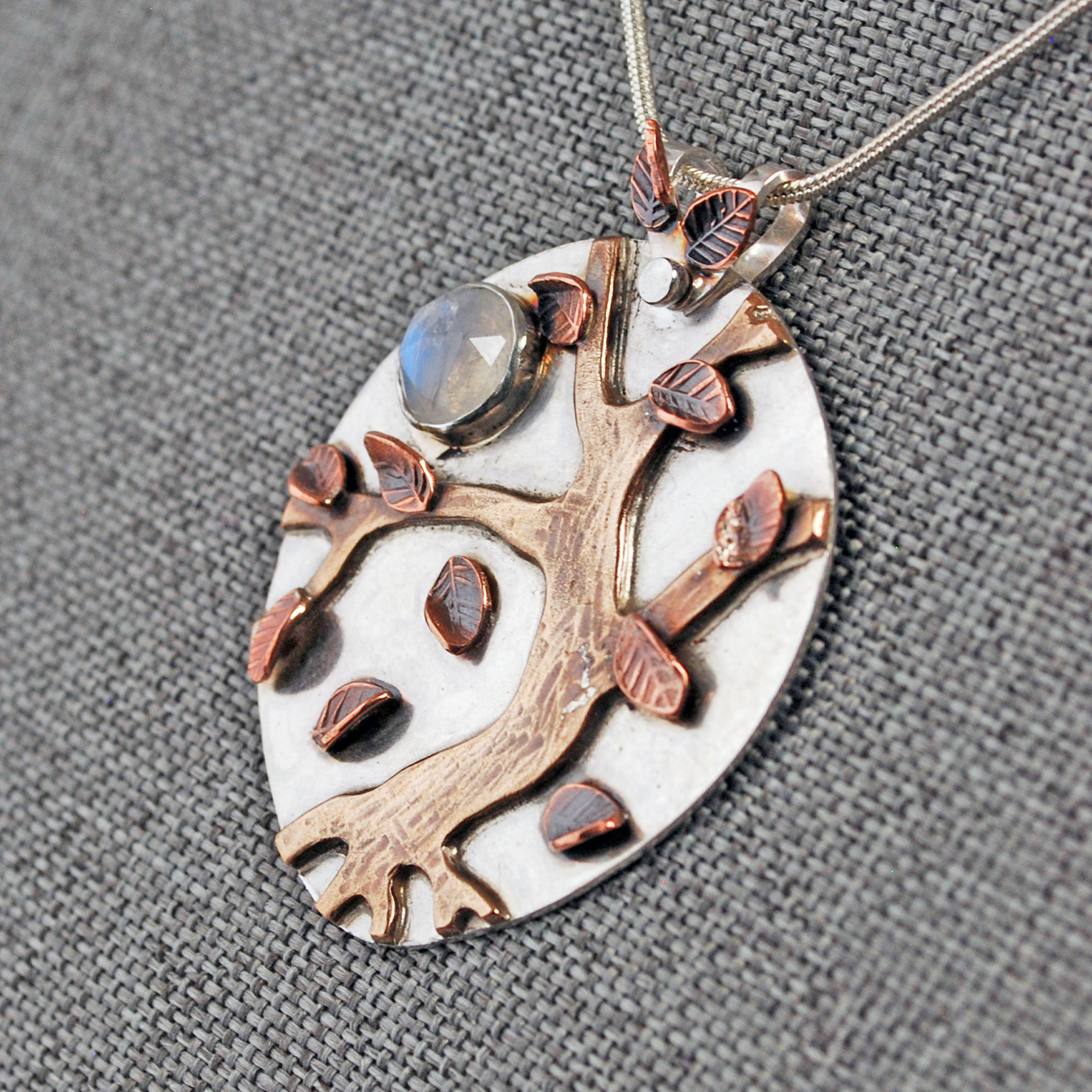 Autumn Tree Pendant, Silver, Copper, Bronze, Moonstone