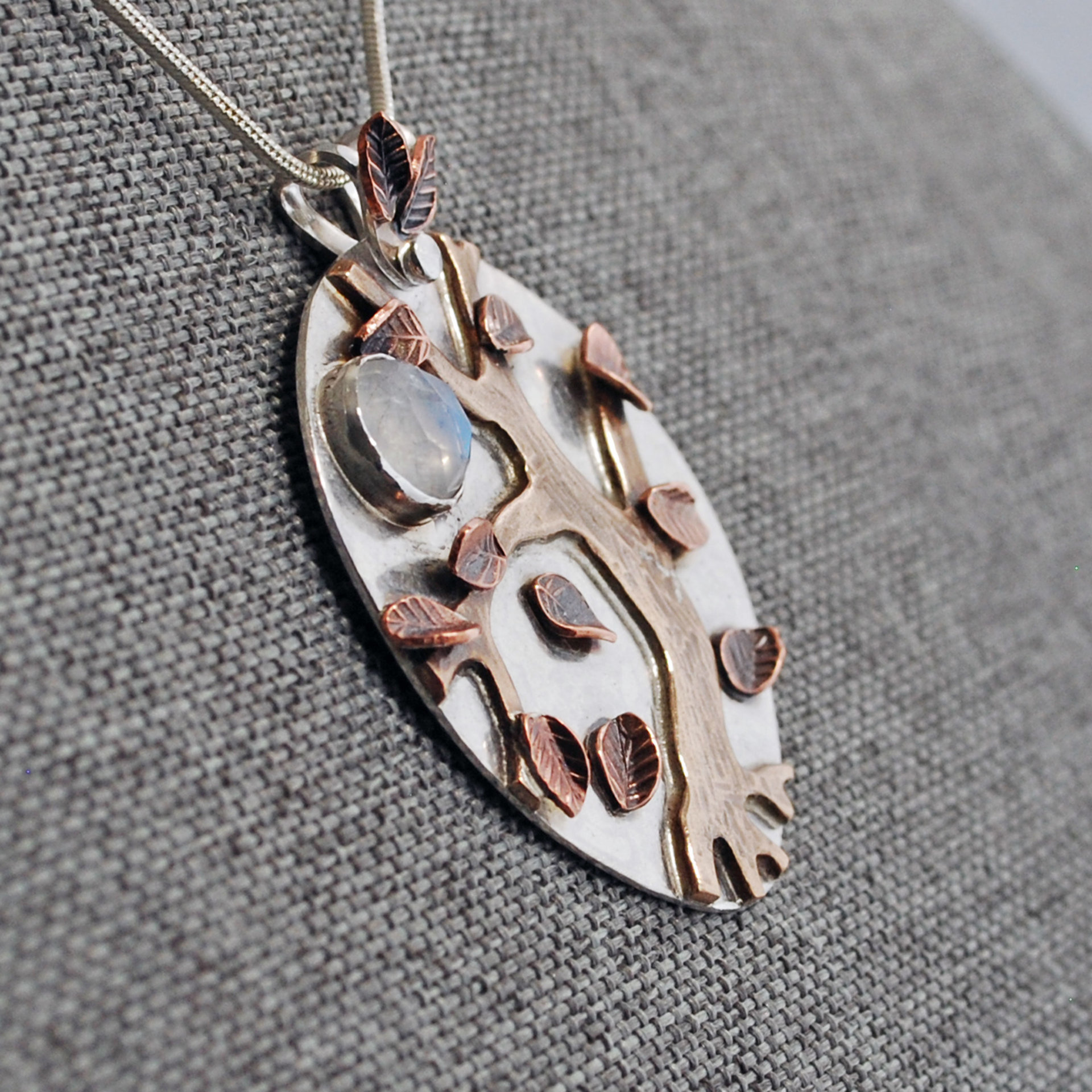 Autumn Tree Pendant, Silver, Copper, Bronze, Moonstone