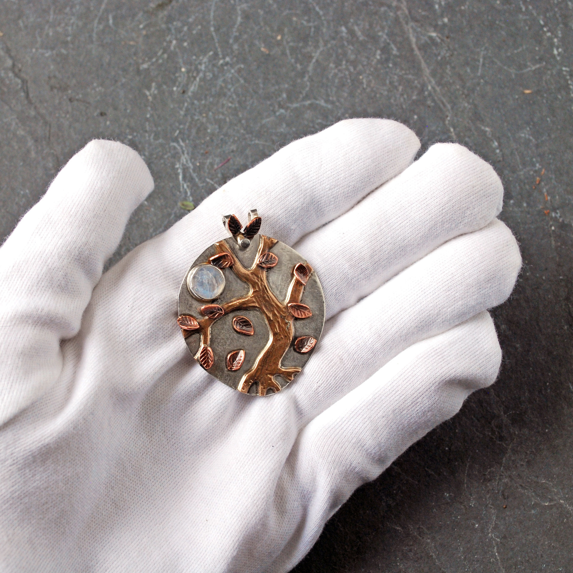 Autumn Tree Pendant, Silver, Copper, Bronze, Moonstone