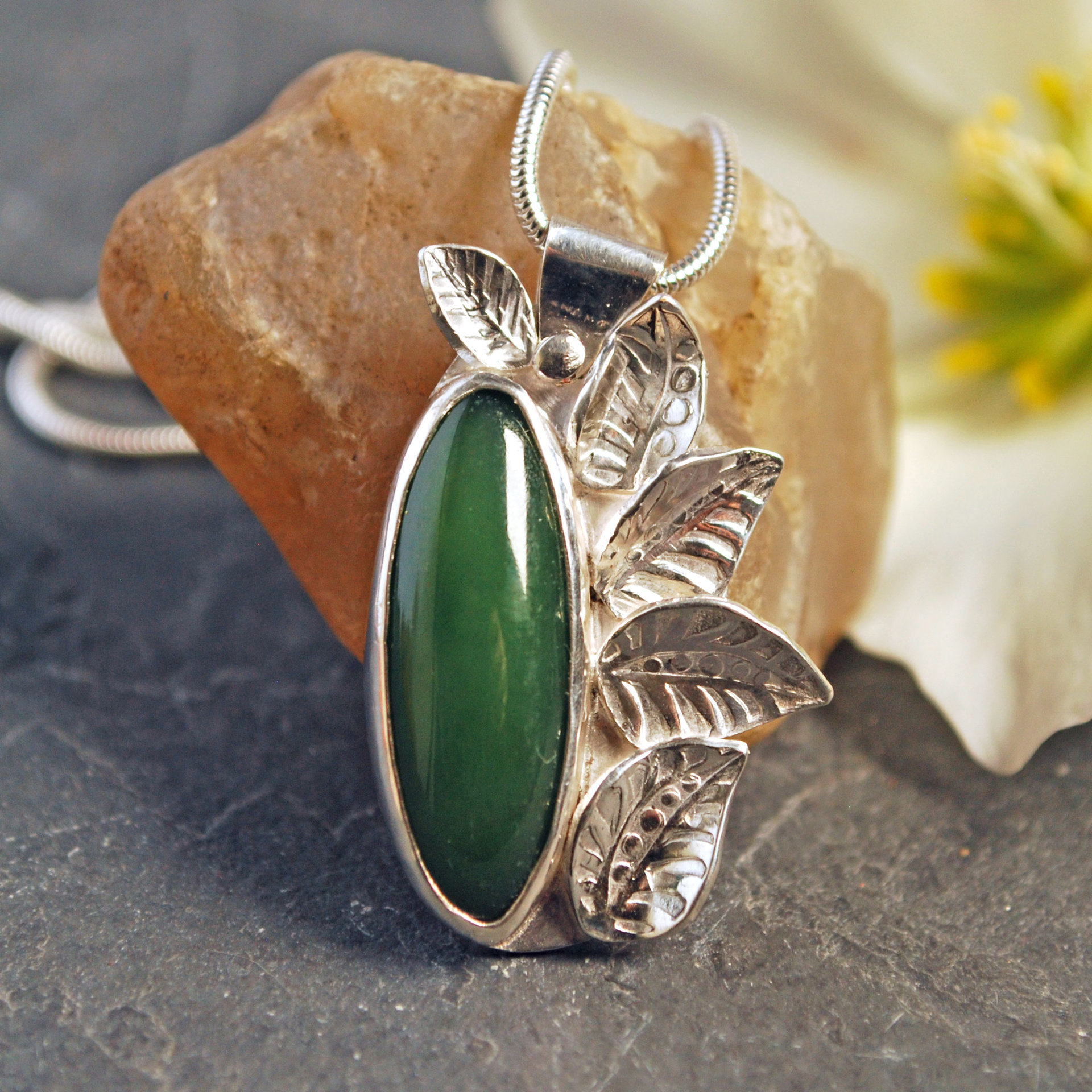 Silver Jade Pendant with Silver Leaves