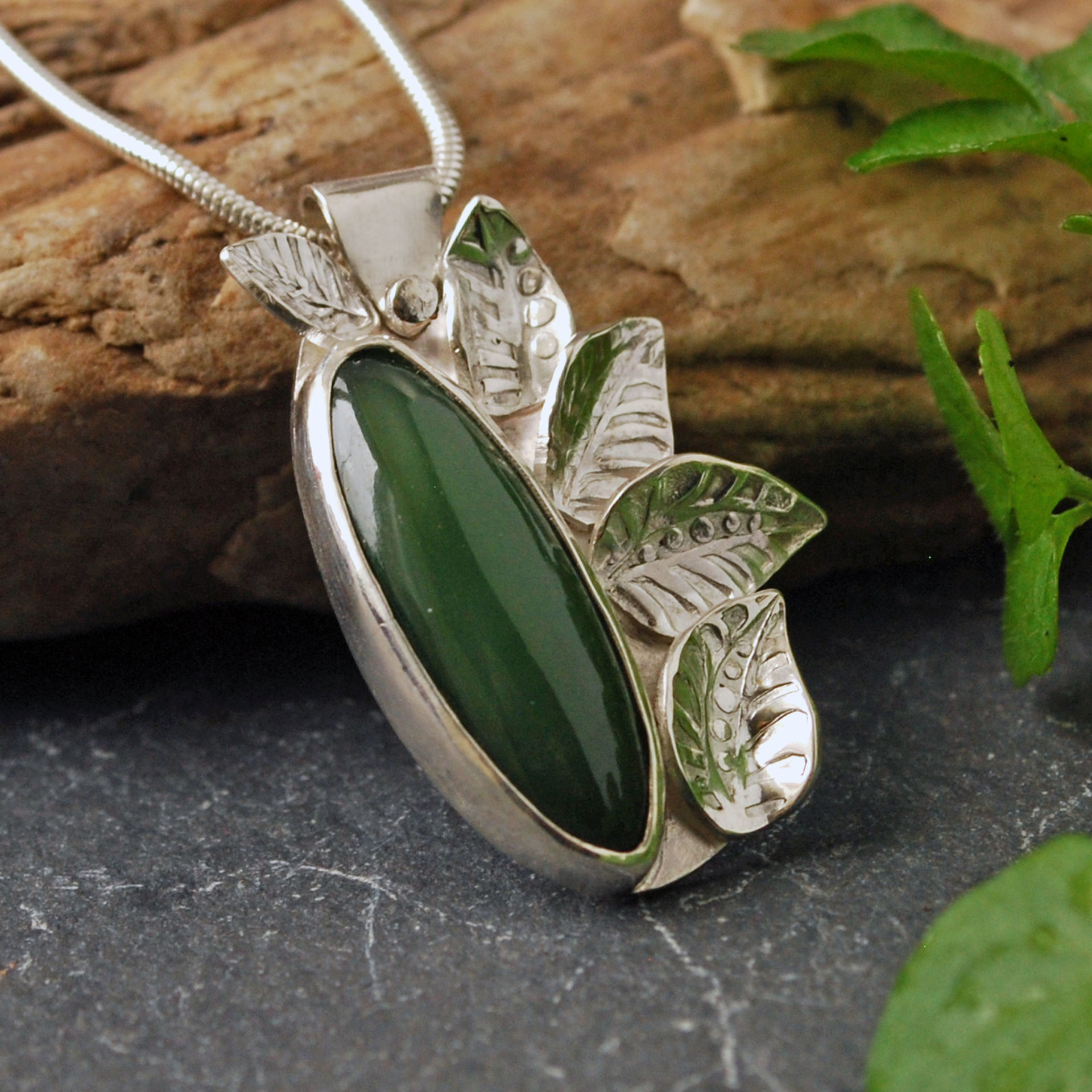Silver Jade Pendant with Silver Leaves