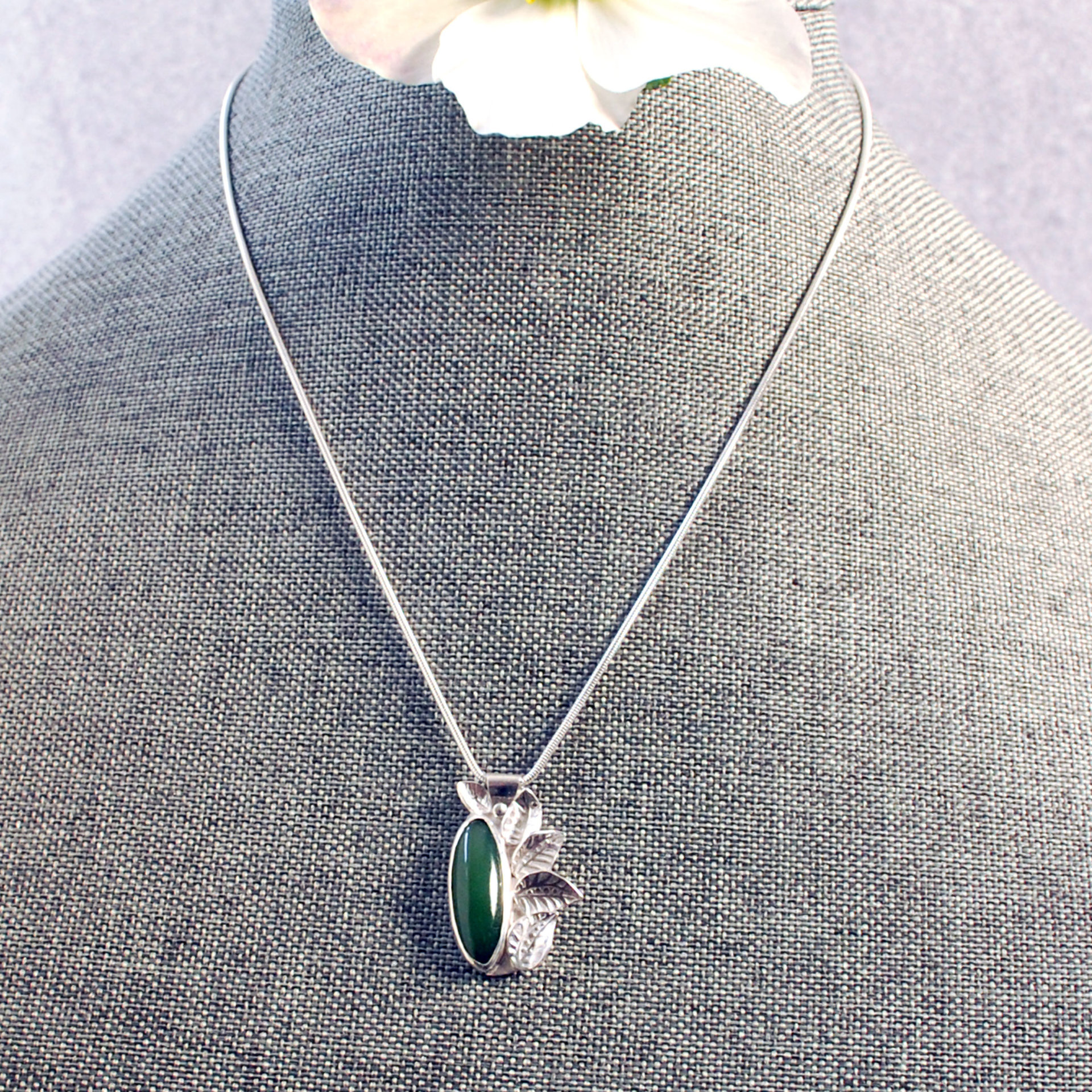 Silver Jade Pendant with Silver Leaves