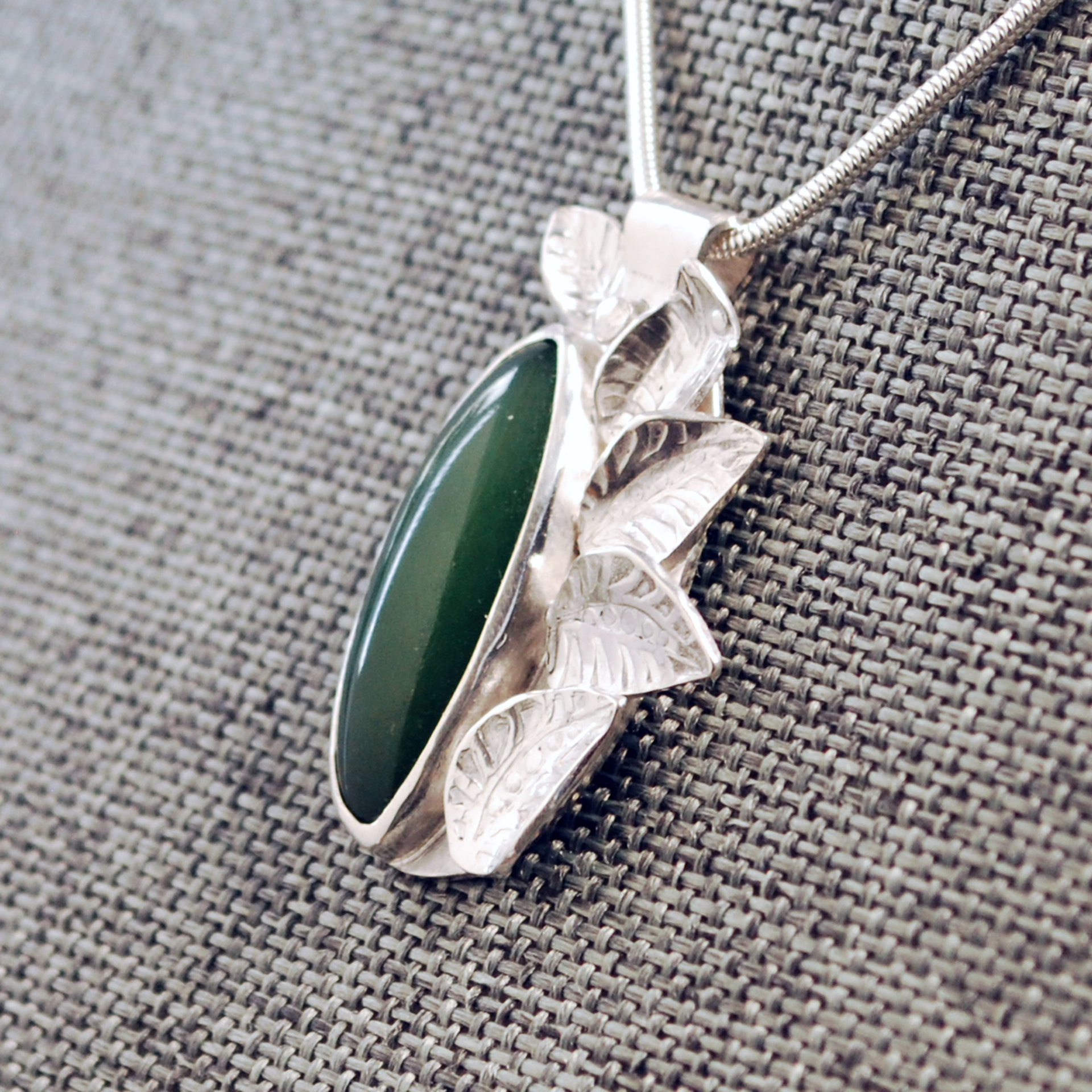 Silver Jade Pendant with Silver Leaves