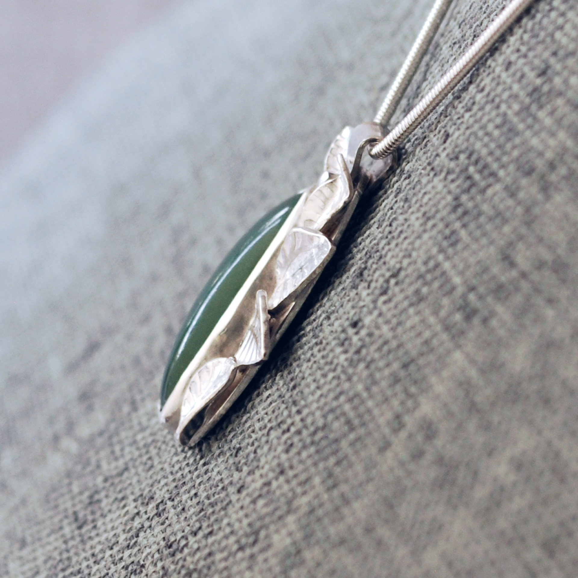 Silver Jade Pendant with Silver Leaves