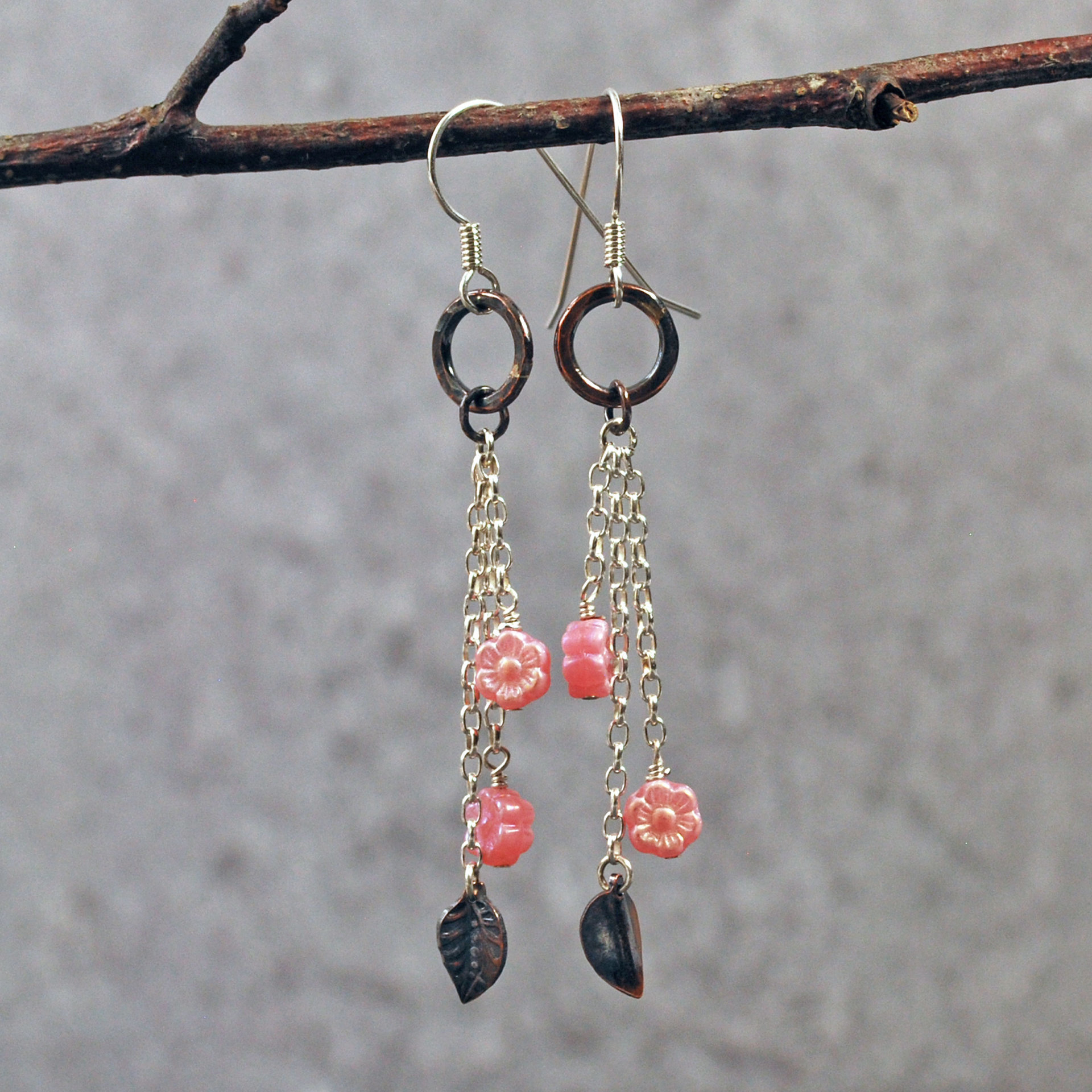 Silver, Copper Earrings with Pink Czech Glass Flowers