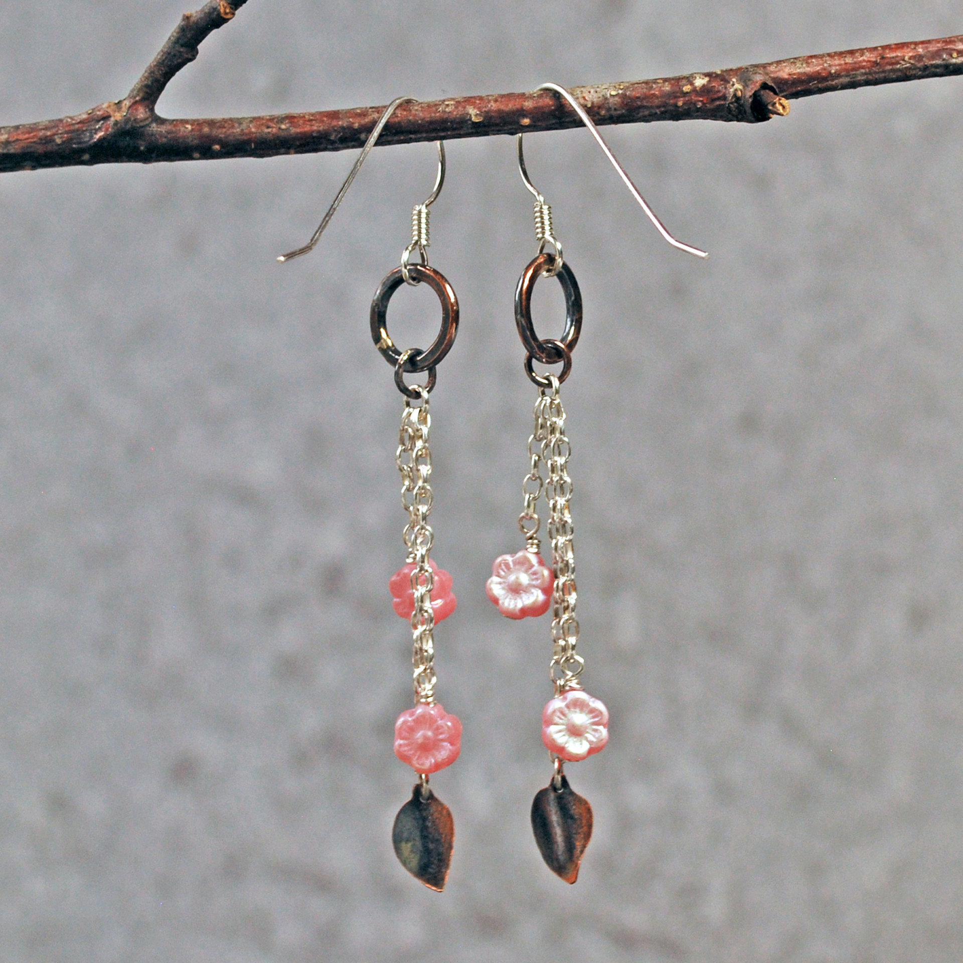Silver, Copper Earrings with Pink Czech Glass Flowers