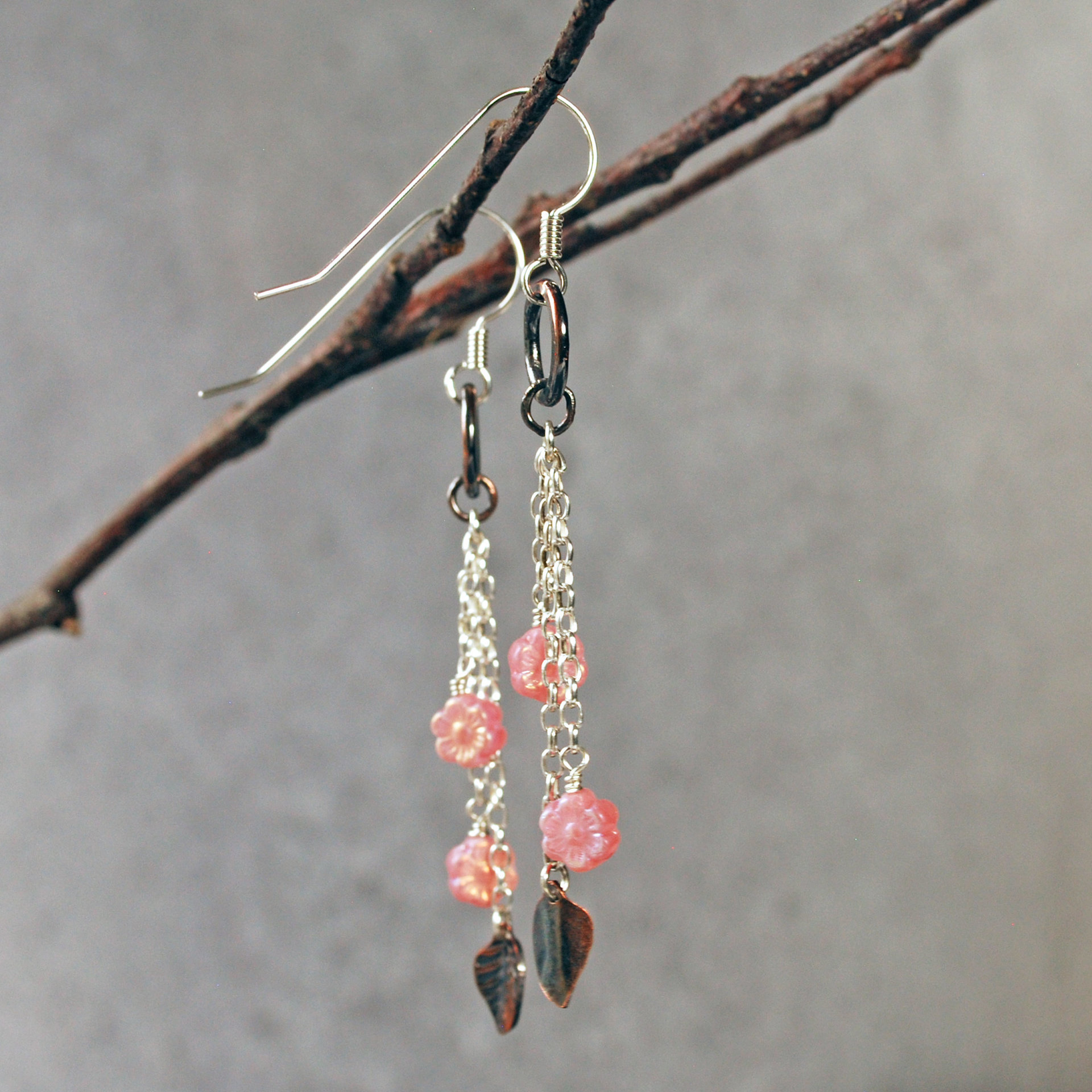 Silver, Copper Earrings with Pink Czech Glass Flowers