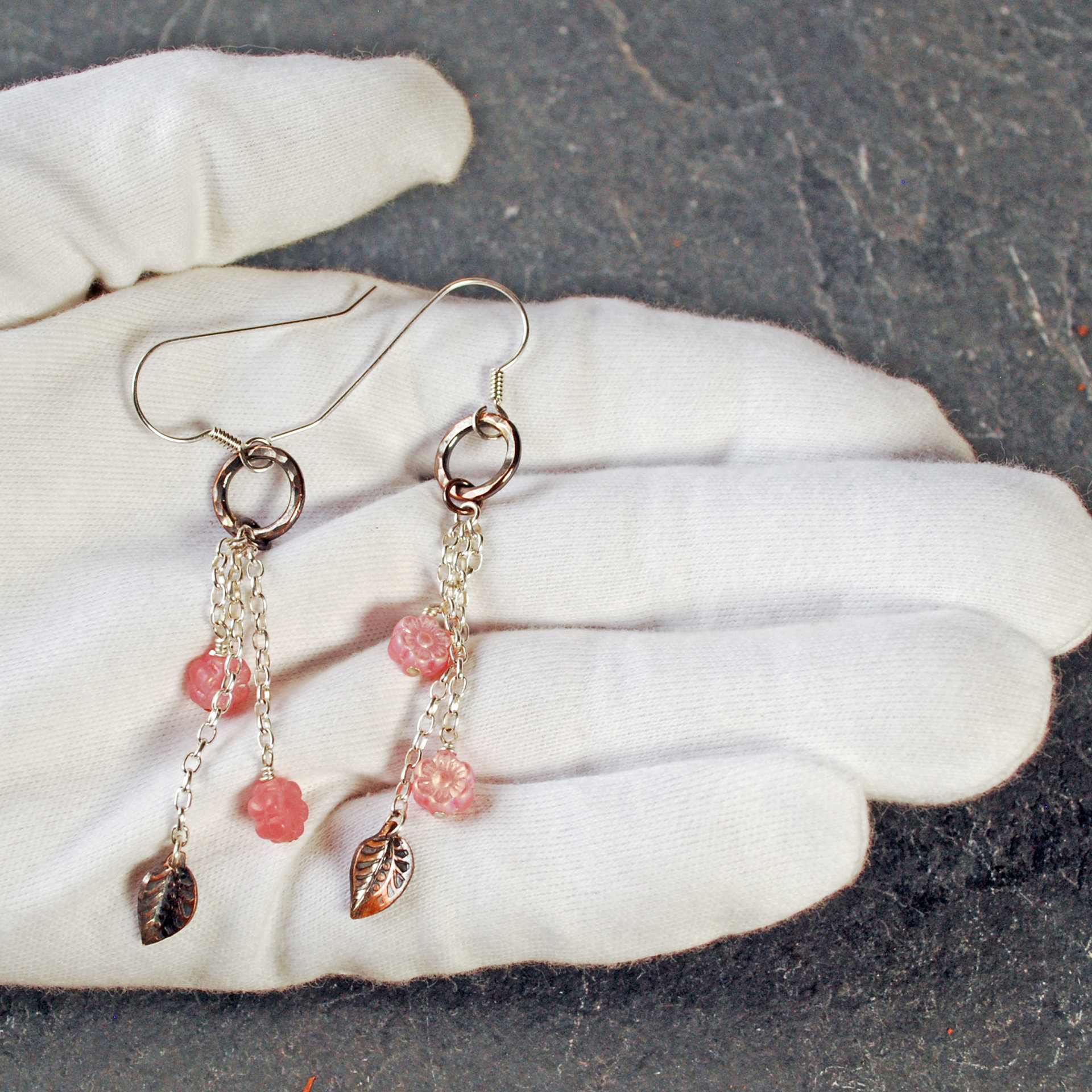 Silver, Copper Earrings with Pink Czech Glass Flowers