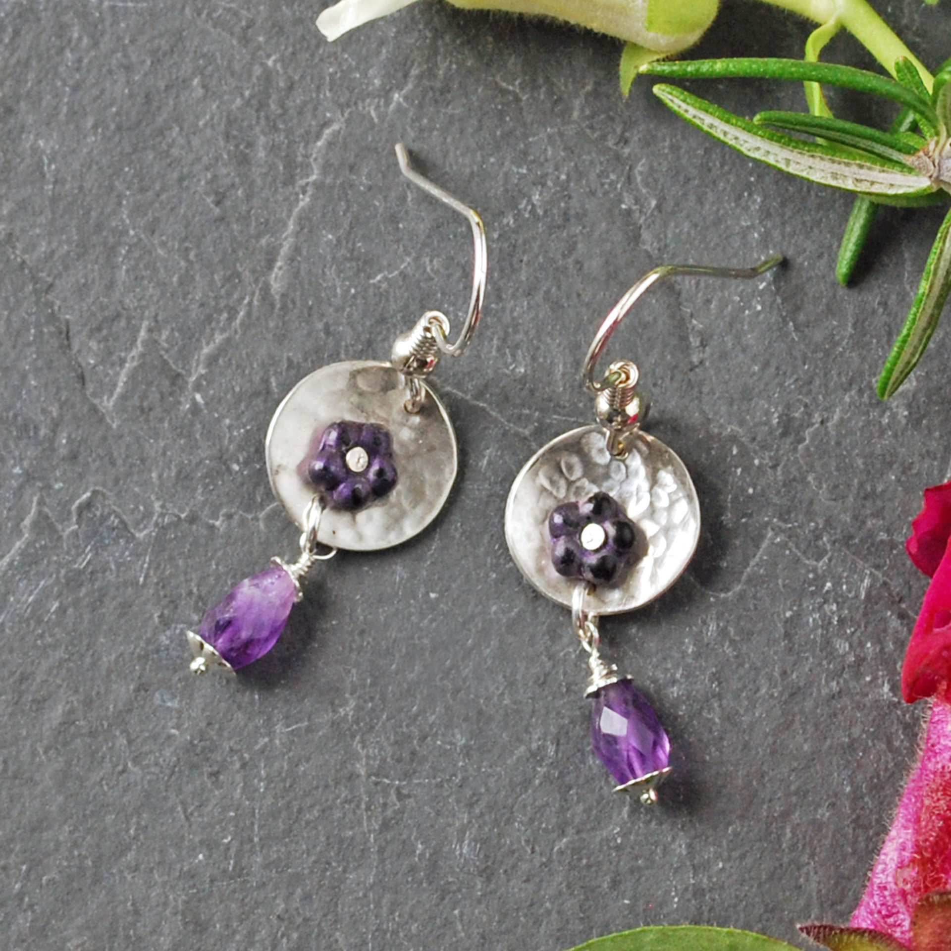 Silver Amethyst Beaded Riveted Earrings