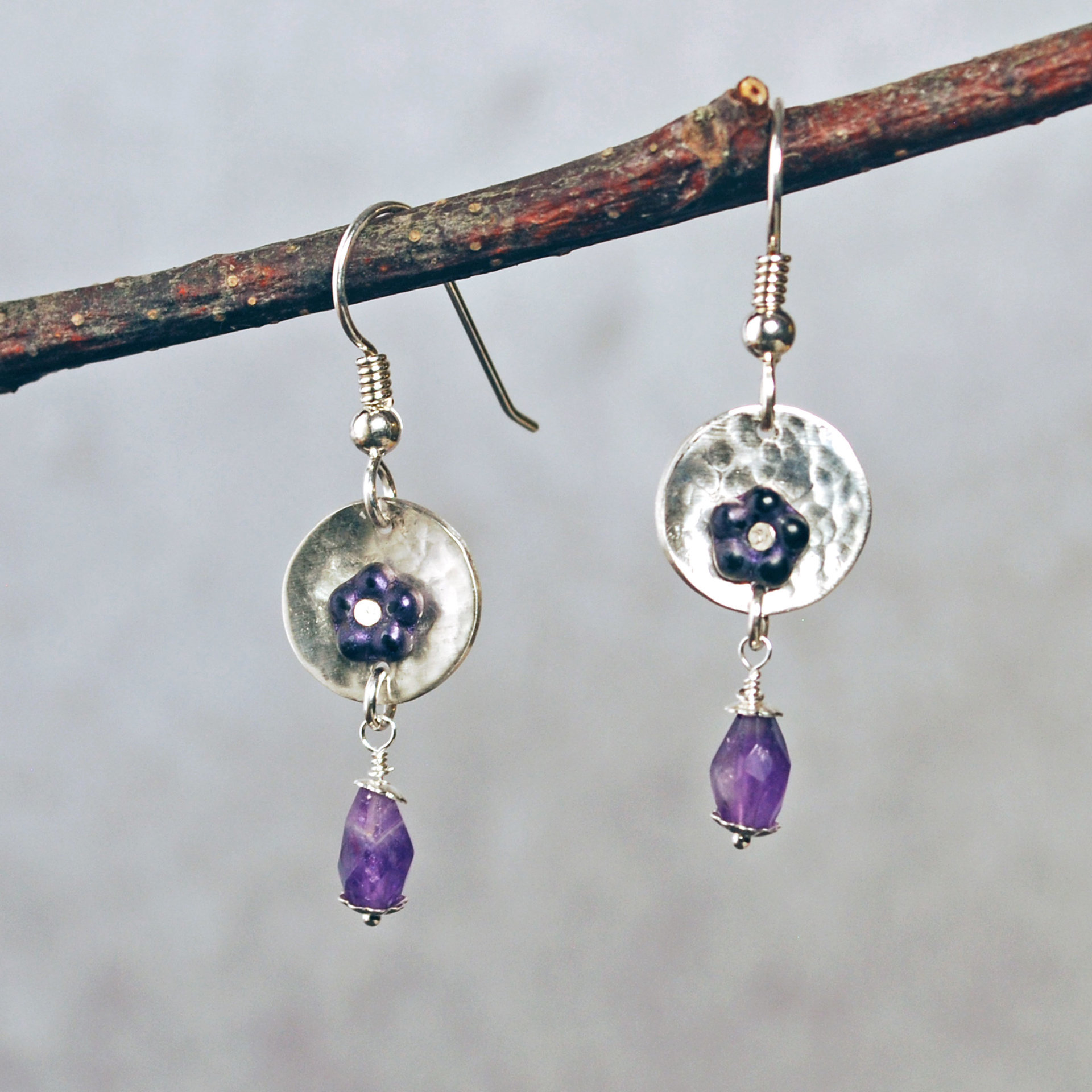 Silver Amethyst Beaded Riveted Earrings