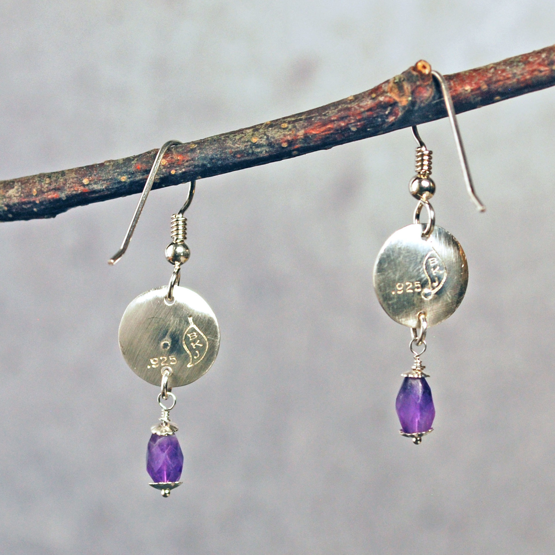 Silver Amethyst Beaded Riveted Earrings
